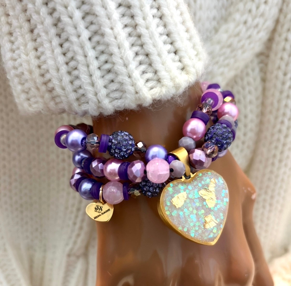 Handmade Purple Beaded Bracelet with Resin Heart Charm