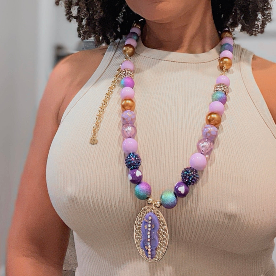 Layered Beaded Necklace with Gold Plated Charms – Adjustable Two-Strand Chunky Beads Jewelry