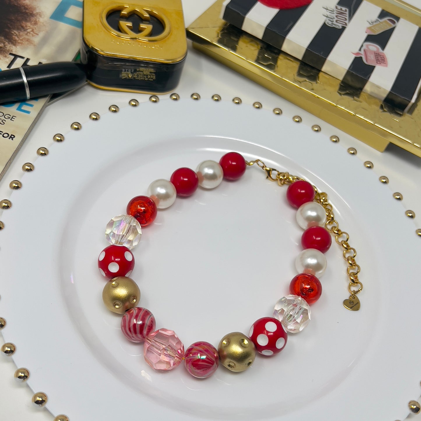 Layered Beaded Necklace with Gold Plated Leaf Charms – Adjustable Two-Strand Chunky Beads Jewelry