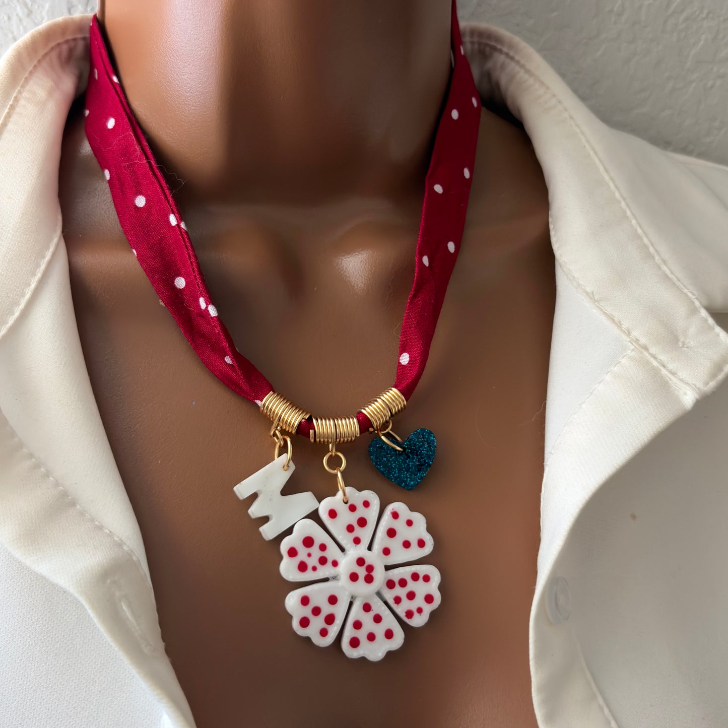Custom Bandana Charm Necklace, Bandana Flower Pendant Necklace, Boho Scarf Necklace, Vintage Charm Necklace, Fabric Pendant Necklace Gift