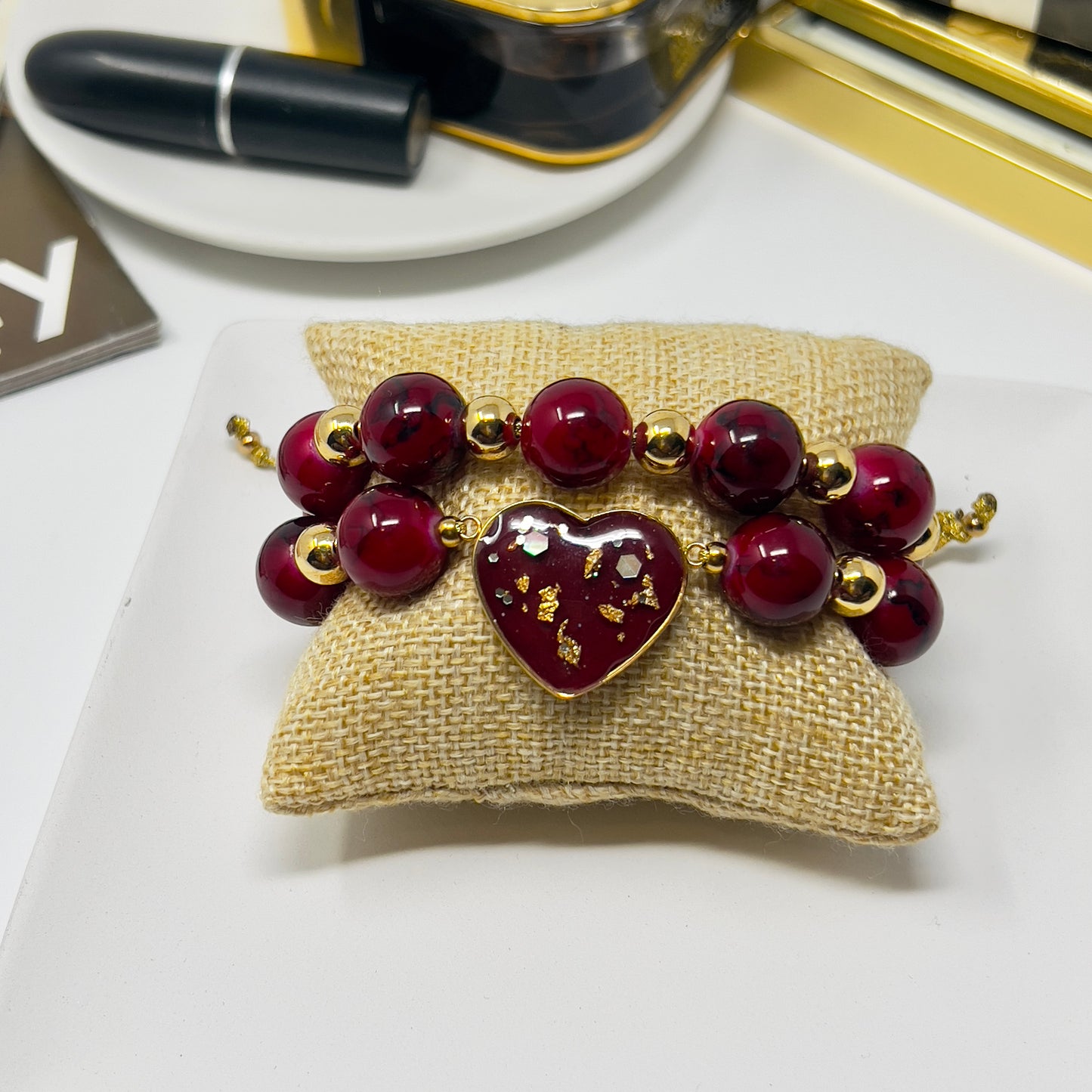 Handmade crystal beads bracelet sets with Resin Heart Charm