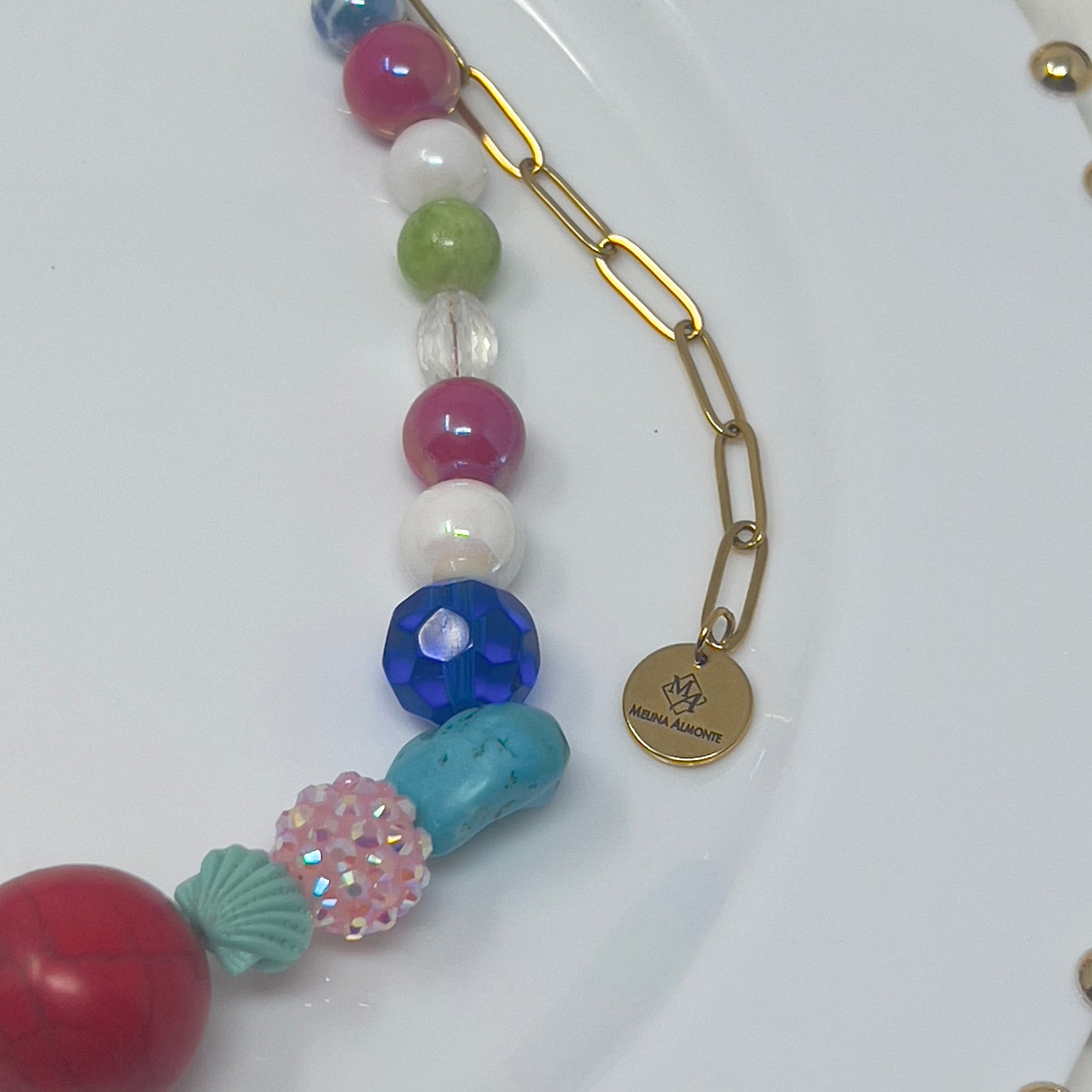 Handmade Necklace made of Multicolored Natural Beads with Snail Pendant in stainless steel