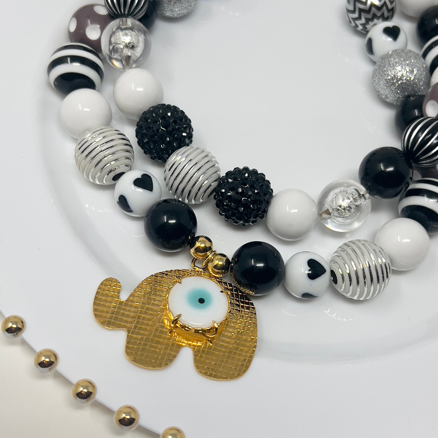 Handmade Layered Beaded Necklace with Gold Plated Elephant Charms – Adjustable Two-Strand Chunky Beads Jewelry