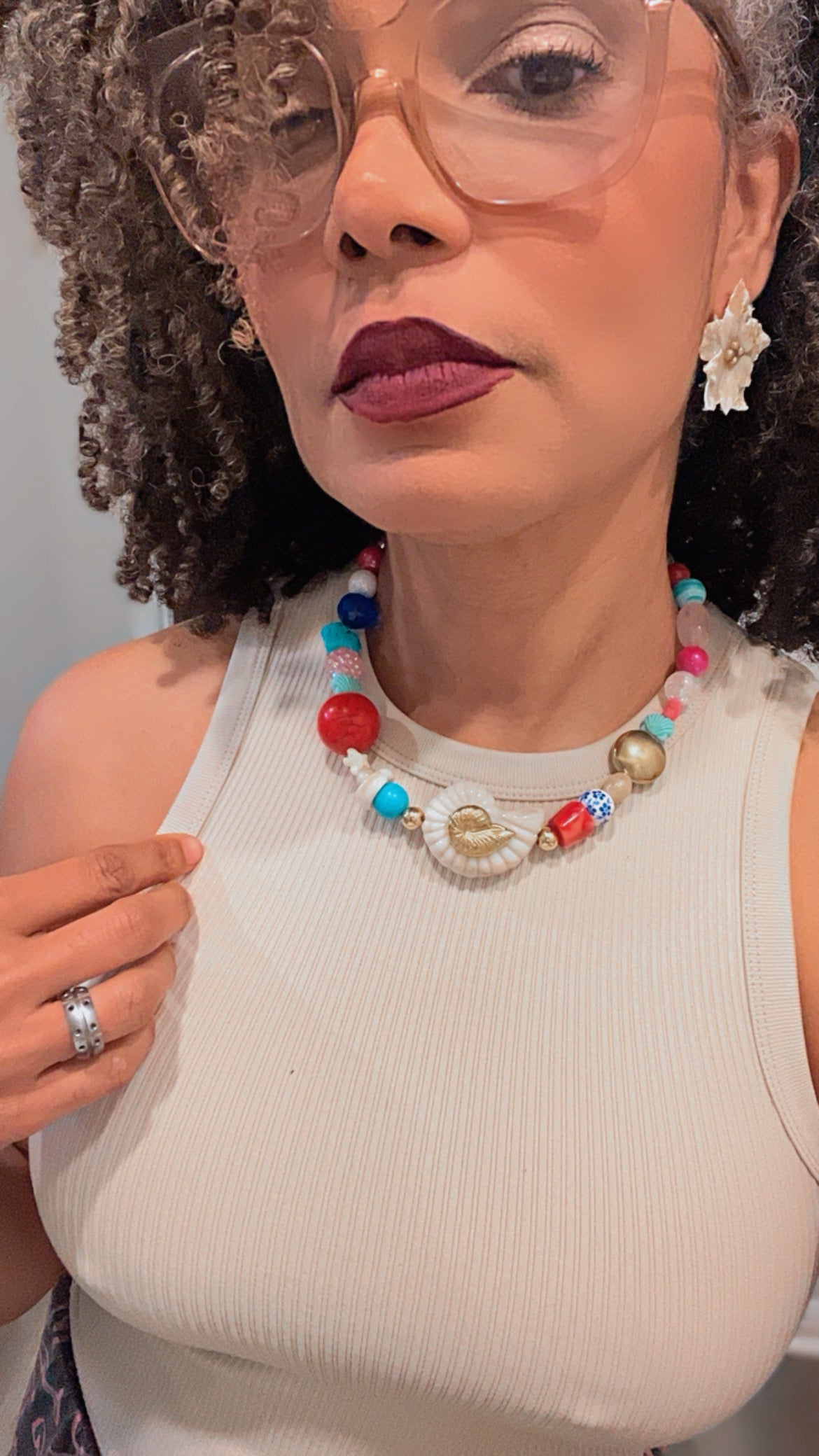 Handmade Necklace made of Multicolored Natural Beads with Snail Pendant in stainless steel