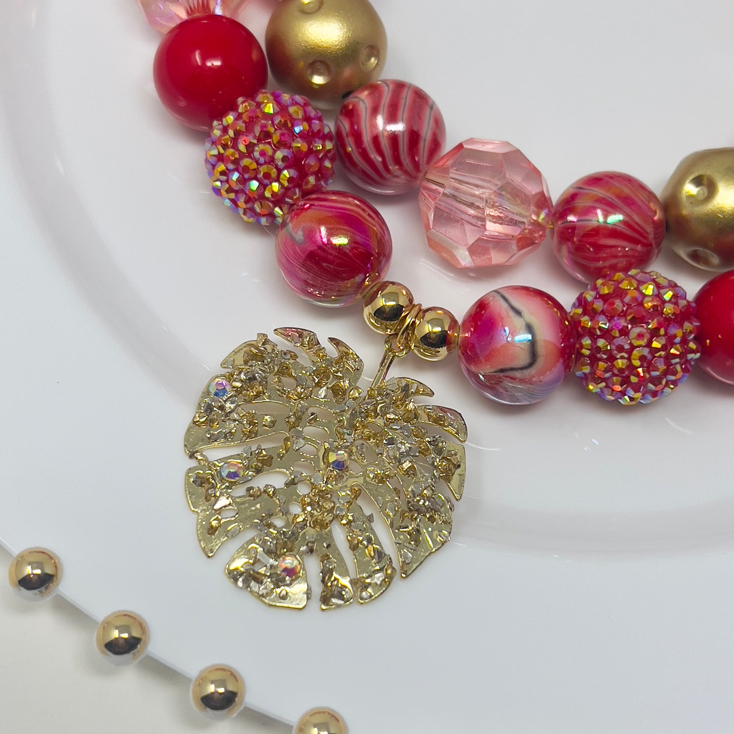 Layered Beaded Necklace with Gold Plated Leaf Charms – Adjustable Two-Strand Chunky Beads Jewelry