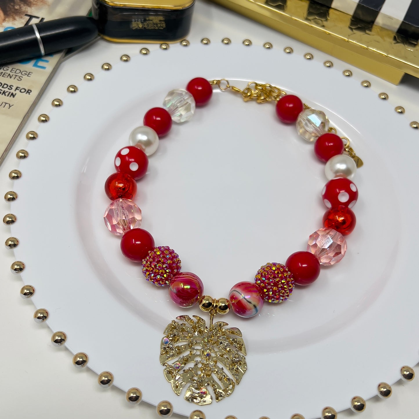 Layered Beaded Necklace with Gold Plated Leaf Charms – Adjustable Two-Strand Chunky Beads Jewelry