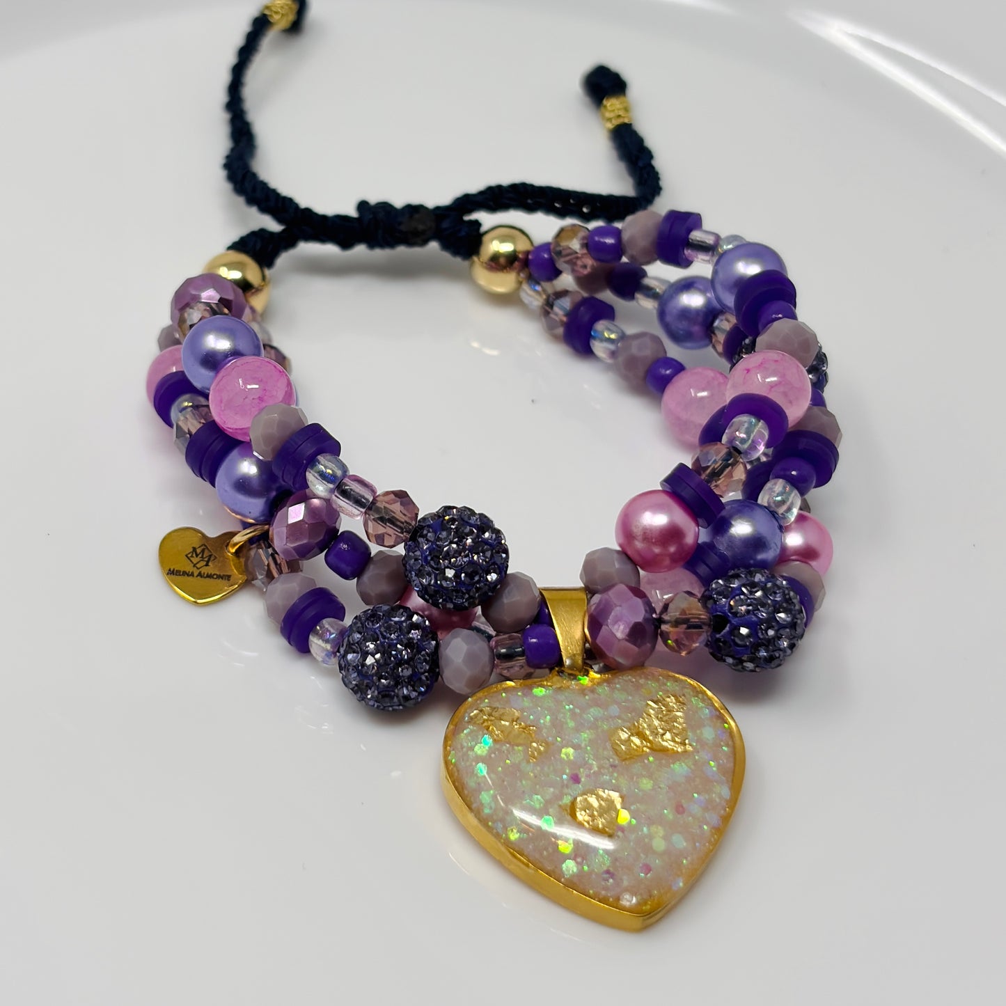 Handmade Purple Beaded Bracelet with Resin Heart Charm