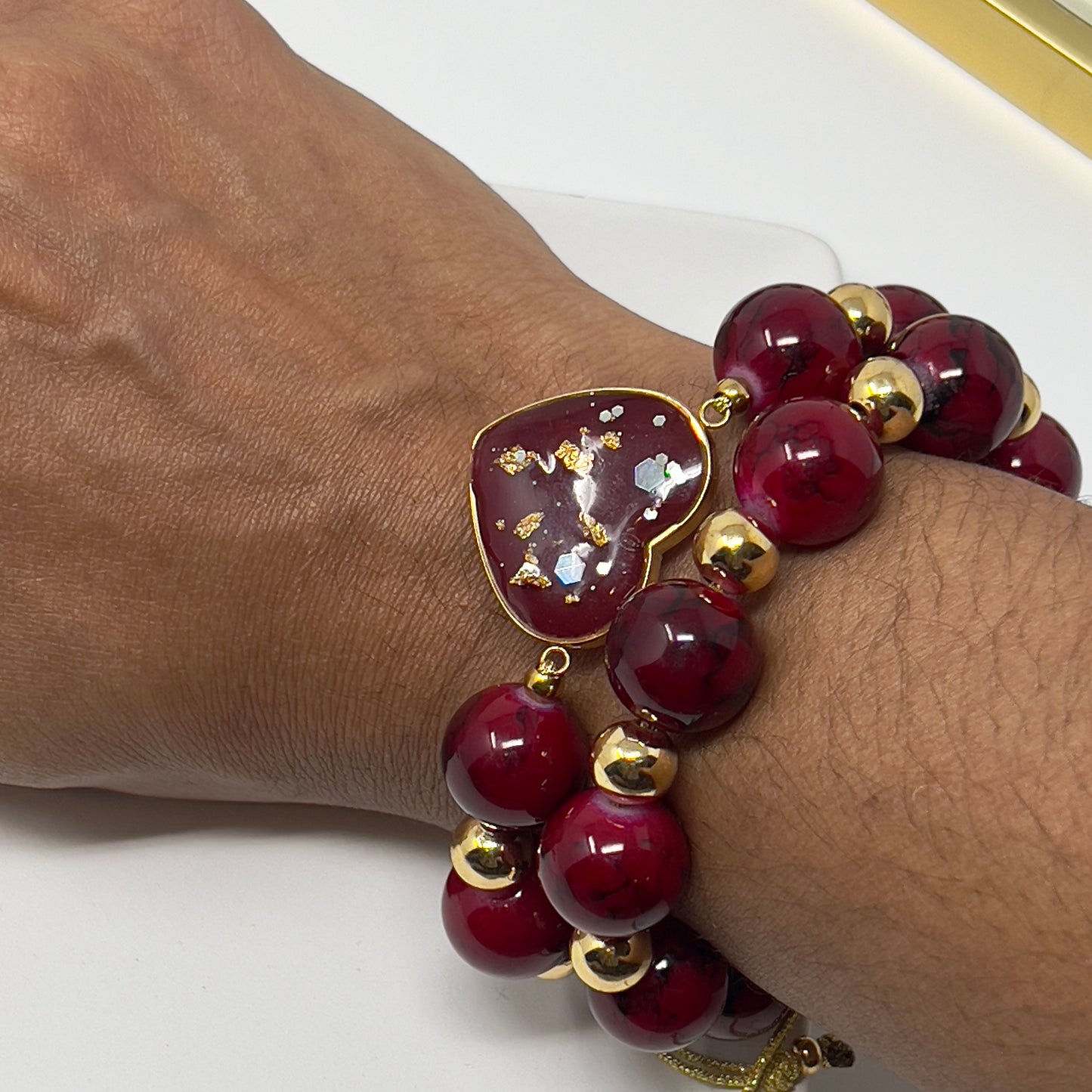 Handmade crystal beads bracelet sets with Resin Heart Charm