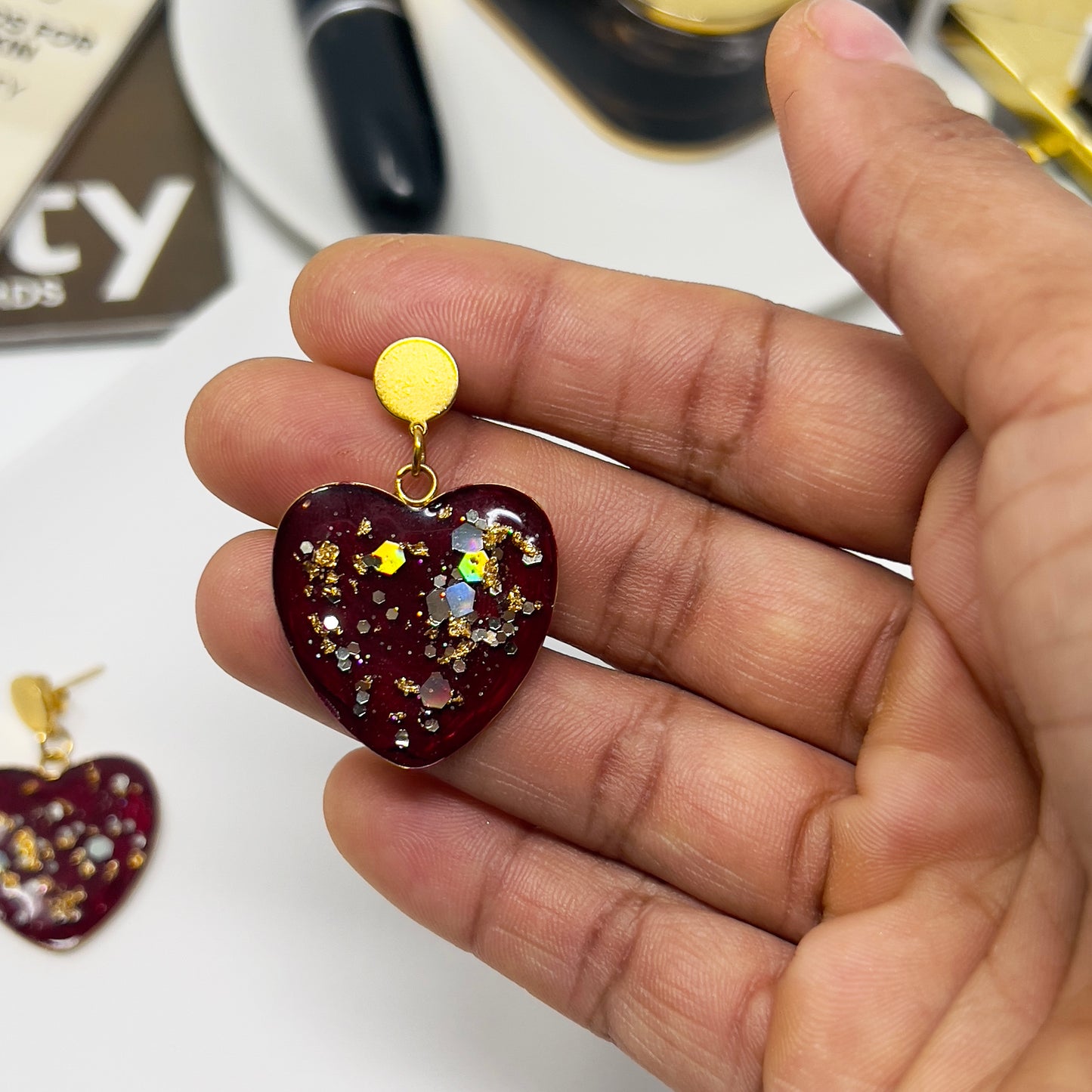 Handmade dangle heart resin earrings