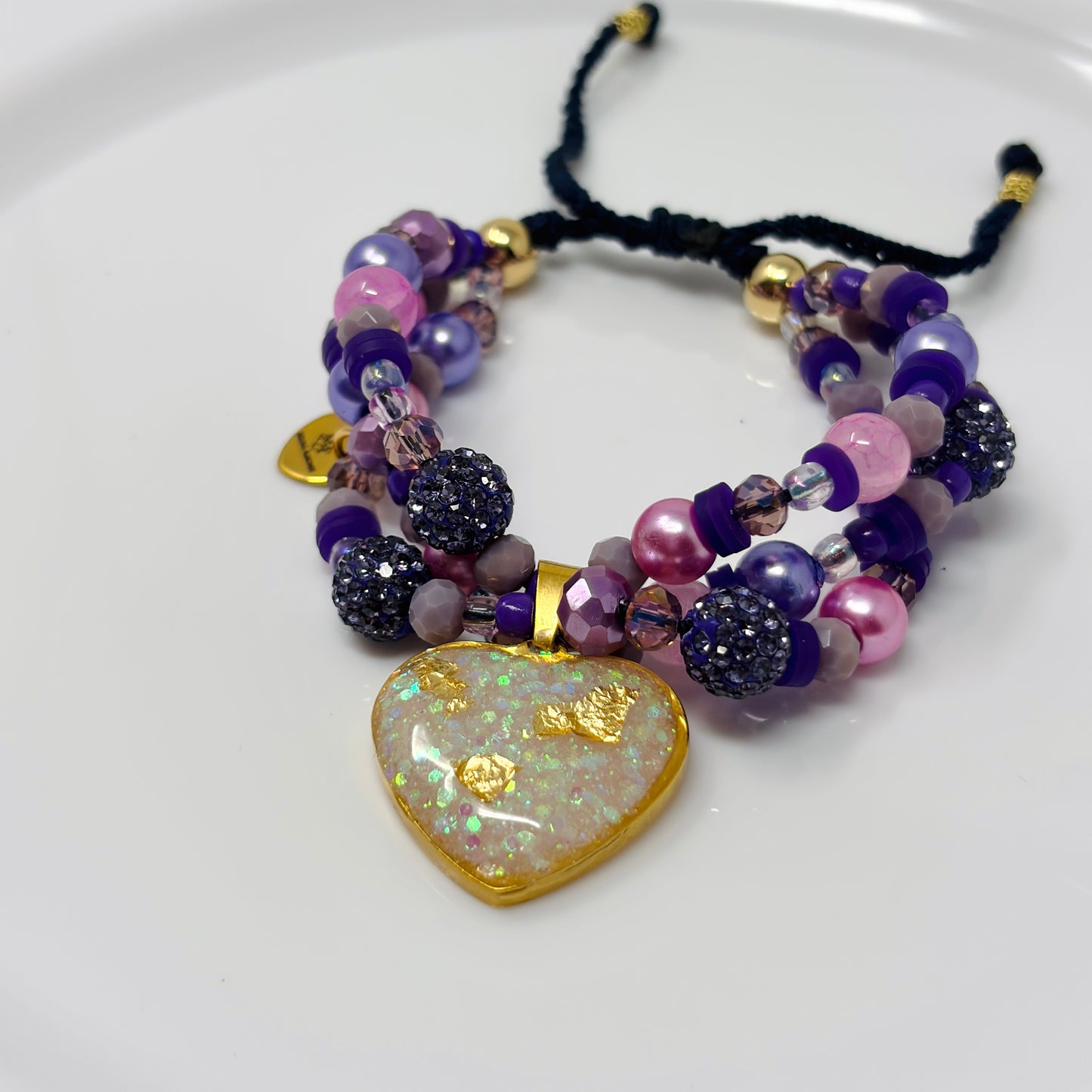 Handmade Purple Beaded Bracelet with Resin Heart Charm