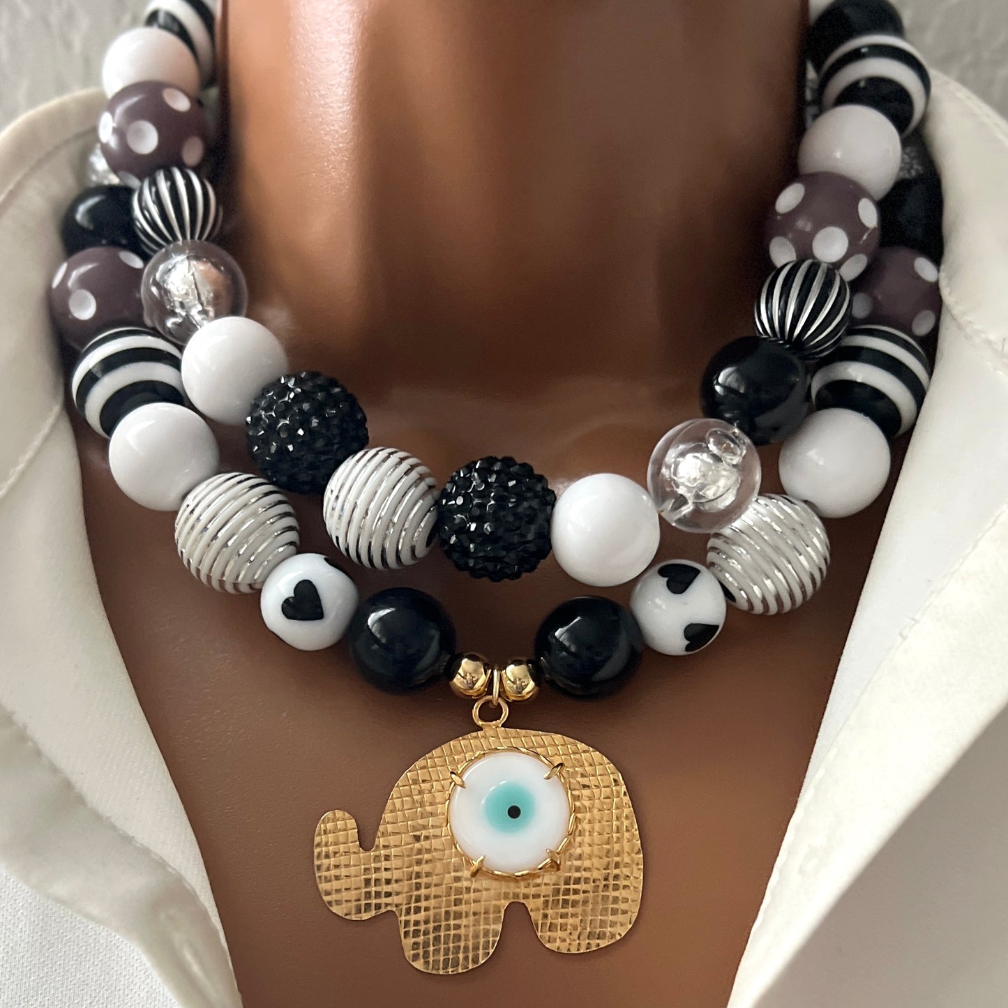 Handmade Layered Beaded Necklace with Gold Plated Elephant Charms – Adjustable Two-Strand Chunky Beads Jewelry