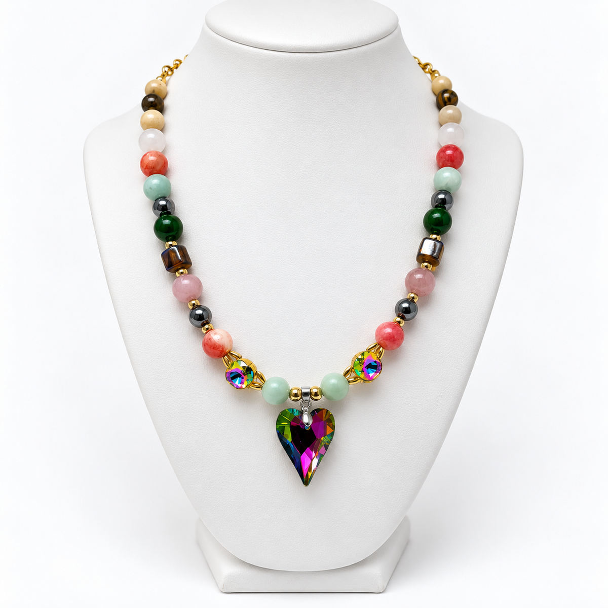 Mixed Gemstone Necklace with Crystal Heart & Swarovski Accents