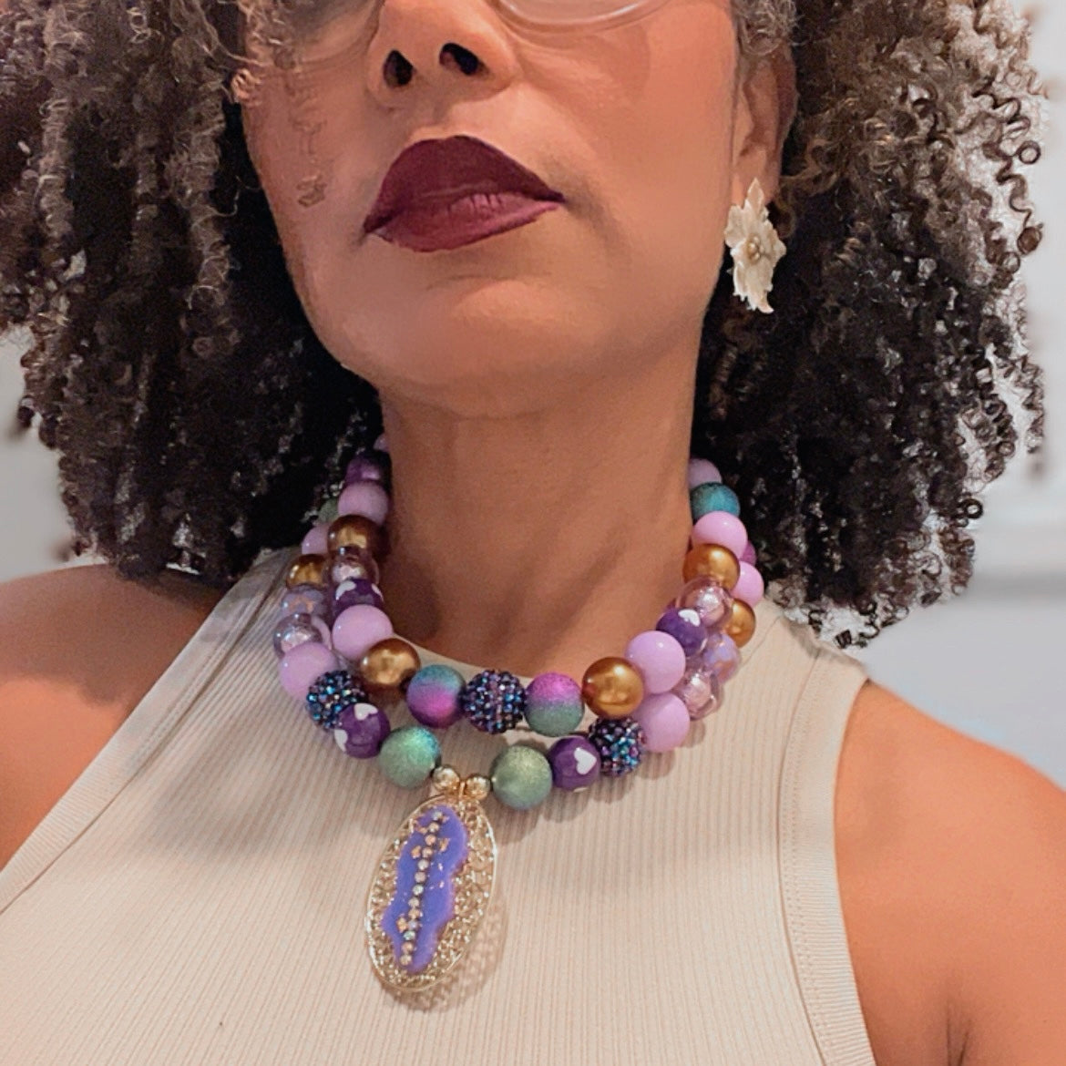 Layered Beaded Necklace with Gold Plated Charms – Adjustable Two-Strand Chunky Beads Jewelry