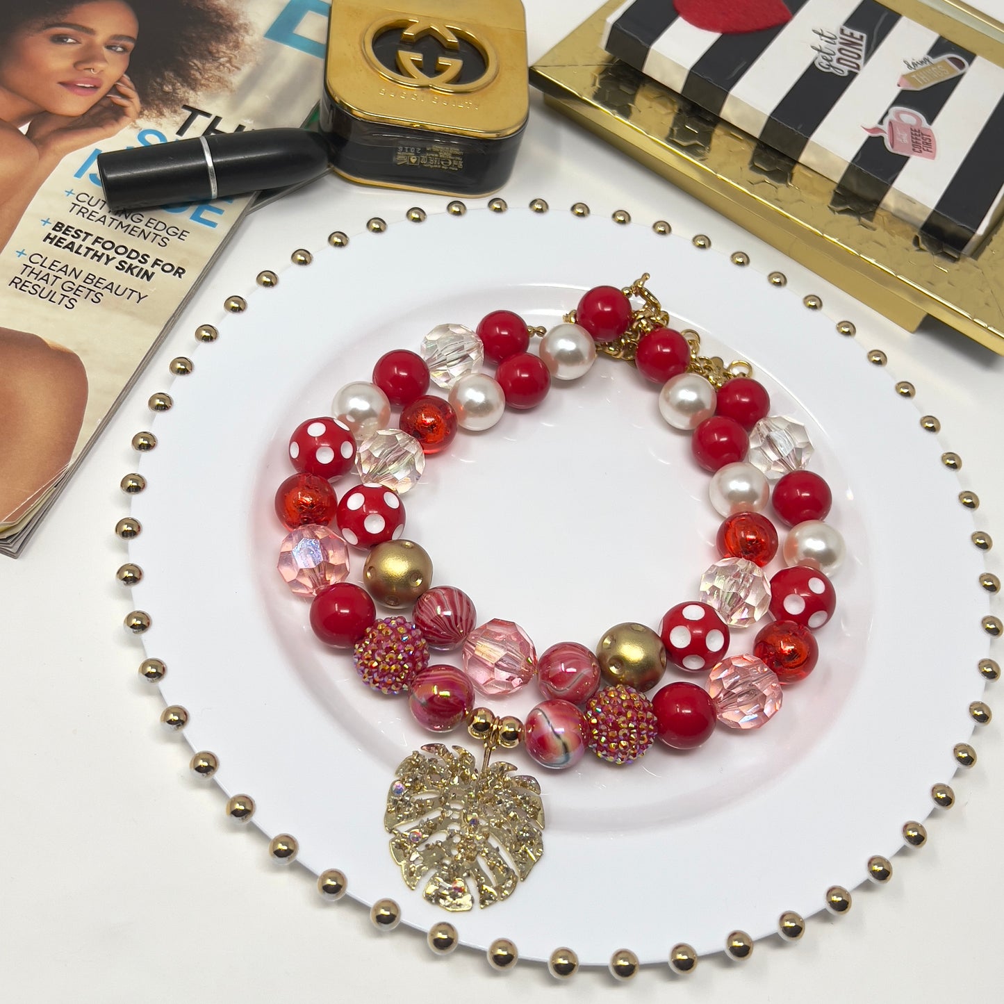 Layered Beaded Necklace with Gold Plated Leaf Charms – Adjustable Two-Strand Chunky Beads Jewelry