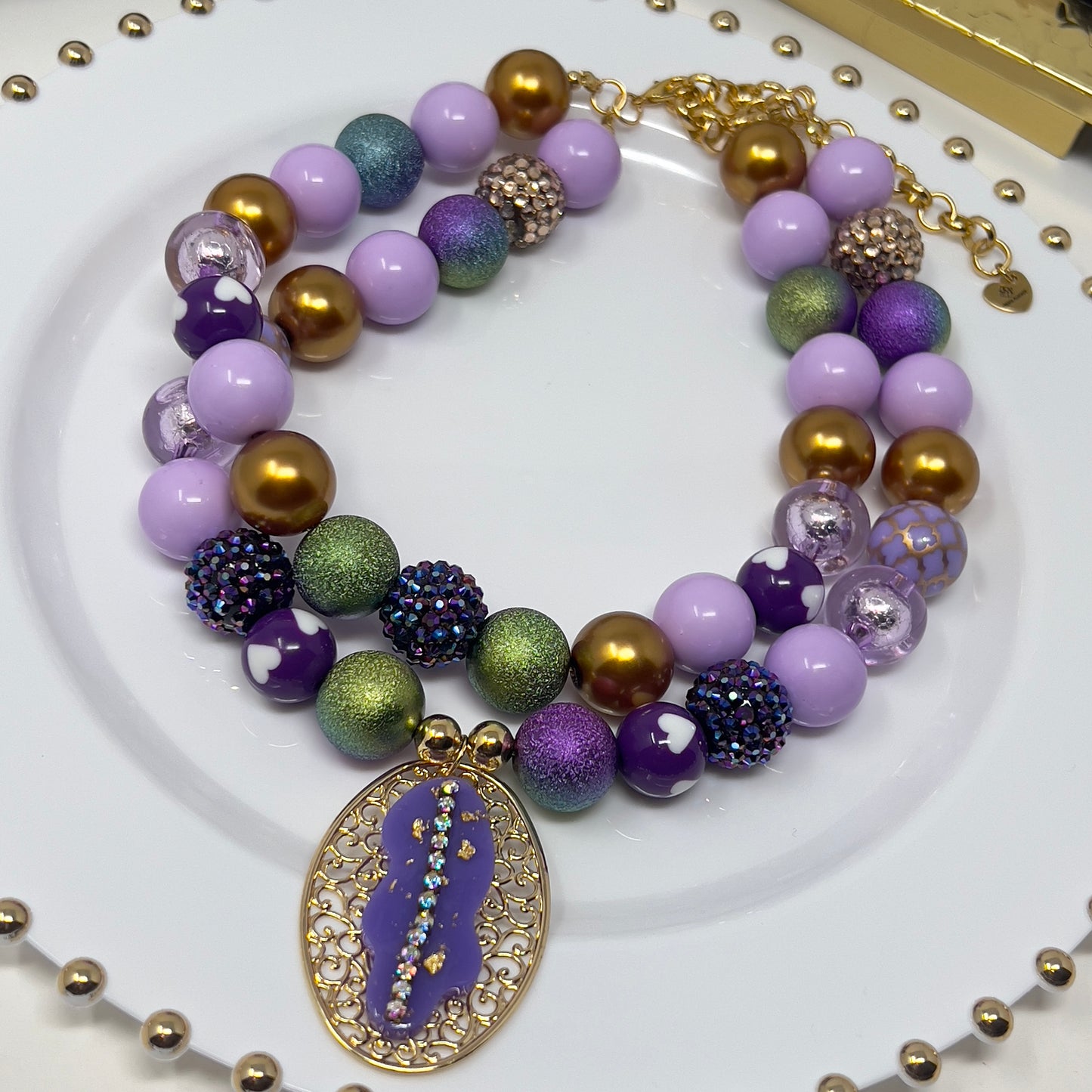 Layered Beaded Necklace with Gold Plated Charms – Adjustable Two-Strand Chunky Beads Jewelry