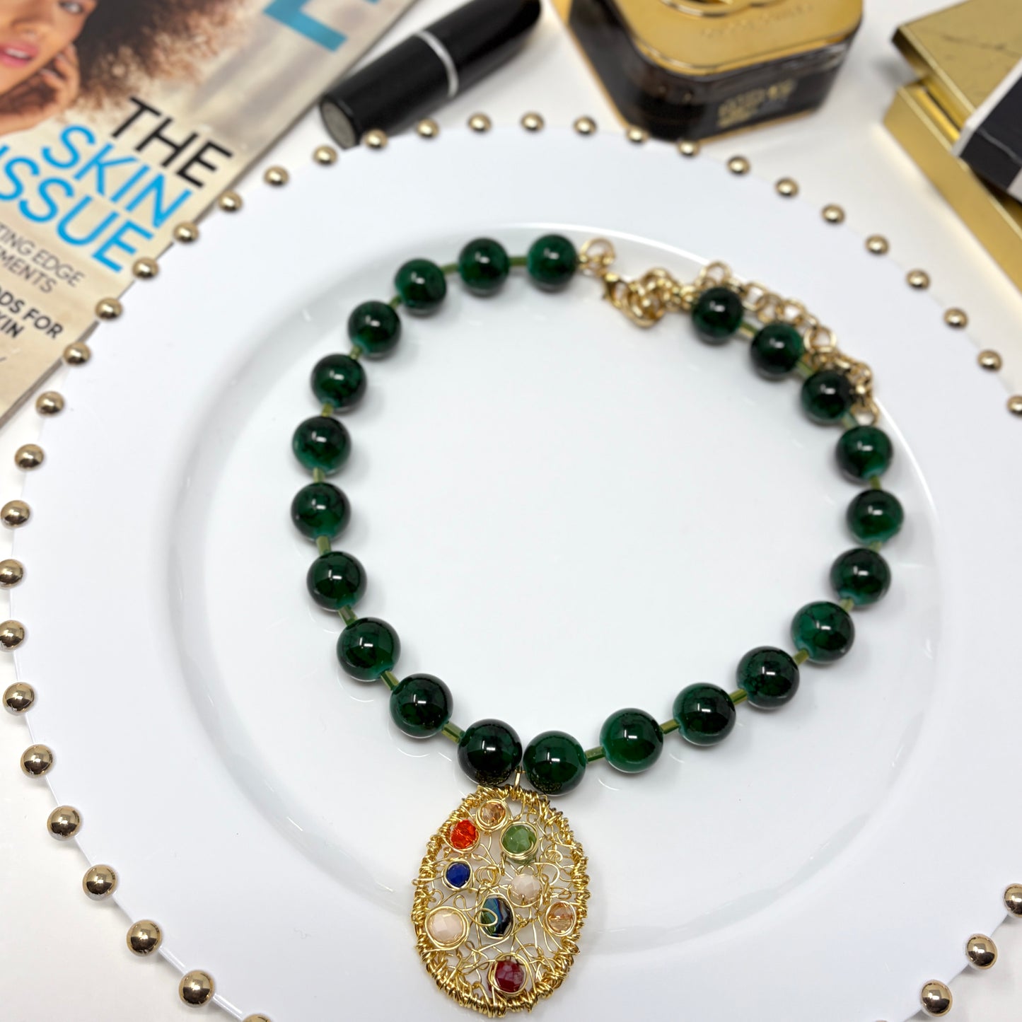Handmade Green Glass Beaded Necklace with a Pendant Draped gold plated wire – Adjustable Chunky Beads Jewelry