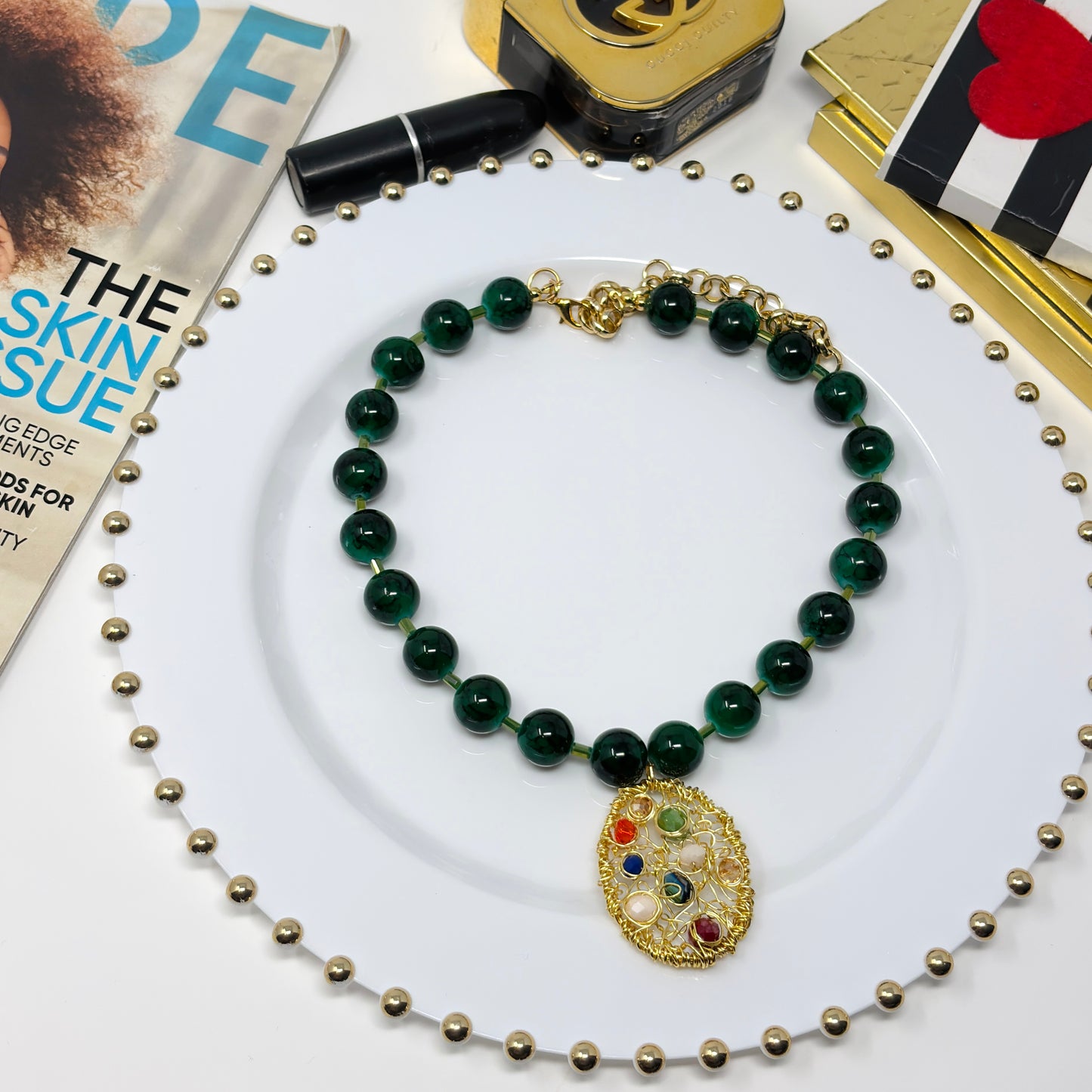 Handmade Green Glass Beaded Necklace with a Pendant Draped gold plated wire – Adjustable Chunky Beads Jewelry