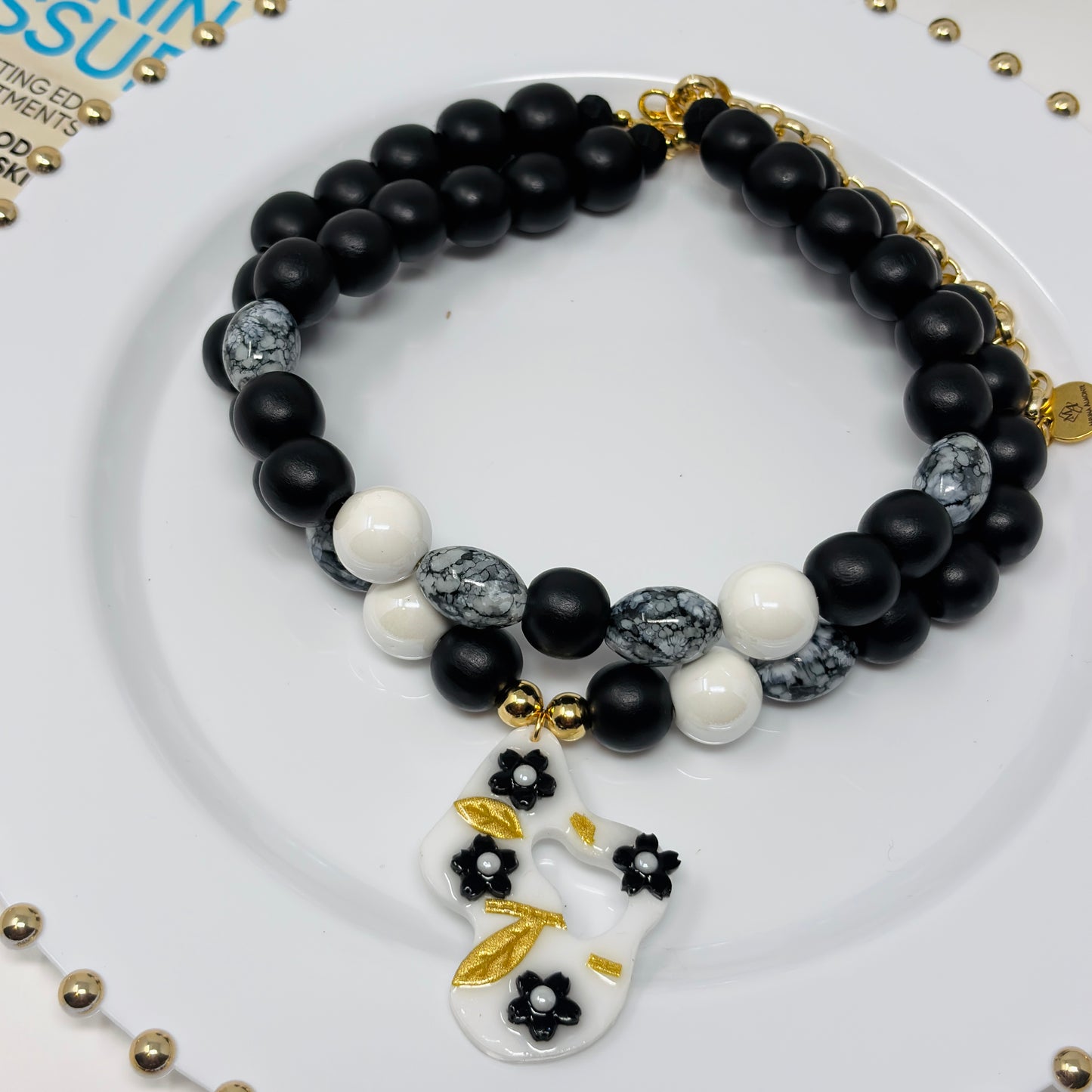 Handmade Layered Beaded Necklace with Resin Charms – Adjustable Two-Strand Chunky Beads Jewelry