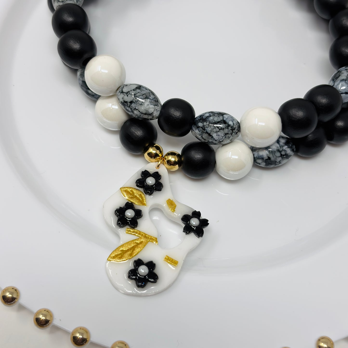 Handmade Layered Beaded Necklace with Resin Charms – Adjustable Two-Strand Chunky Beads Jewelry
