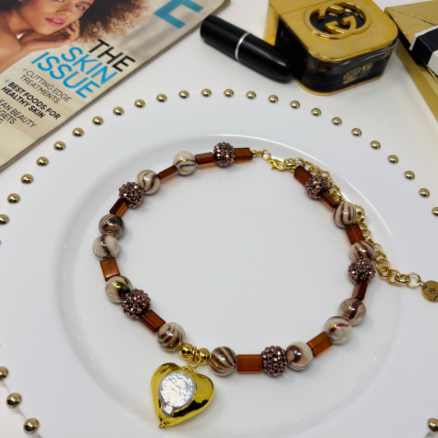Handmade Beaded Necklace with Autumn- Colored Beads and a Heart Pendant Gold Plated – Adjustable Chunky Beads Jewelry