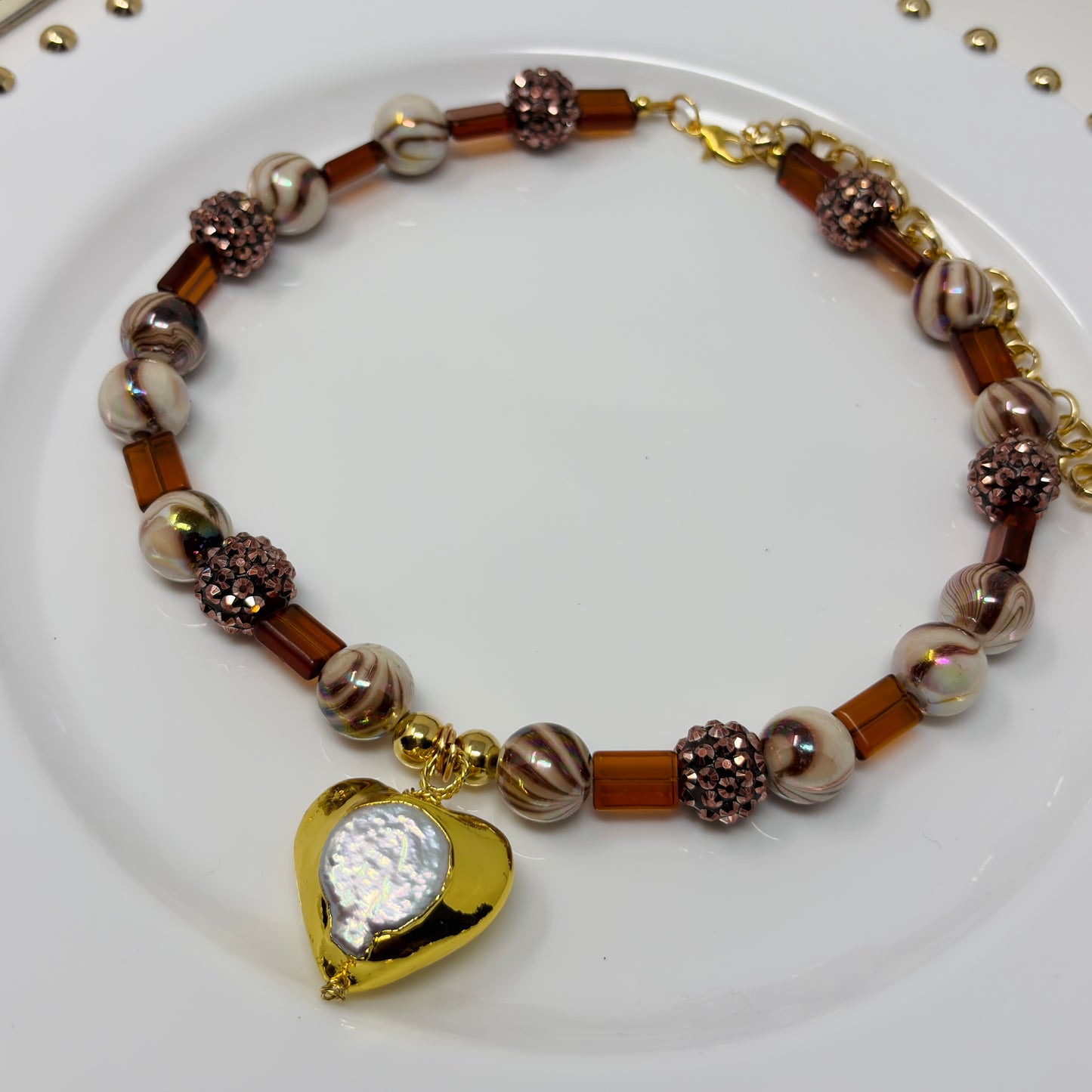 Handmade Beaded Necklace with Autumn- Colored Beads and a Heart Pendant Gold Plated – Adjustable Chunky Beads Jewelry