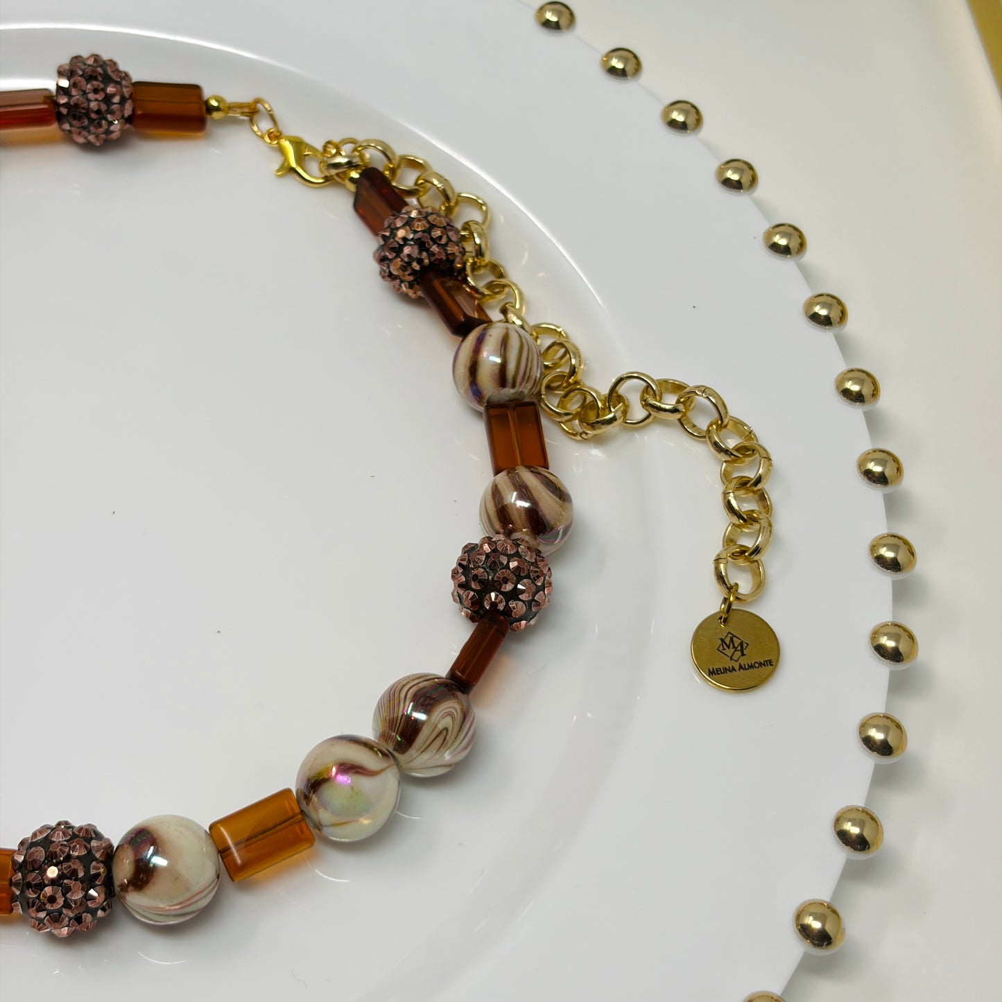 Handmade Beaded Necklace with Autumn- Colored Beads and a Heart Pendant Gold Plated – Adjustable Chunky Beads Jewelry