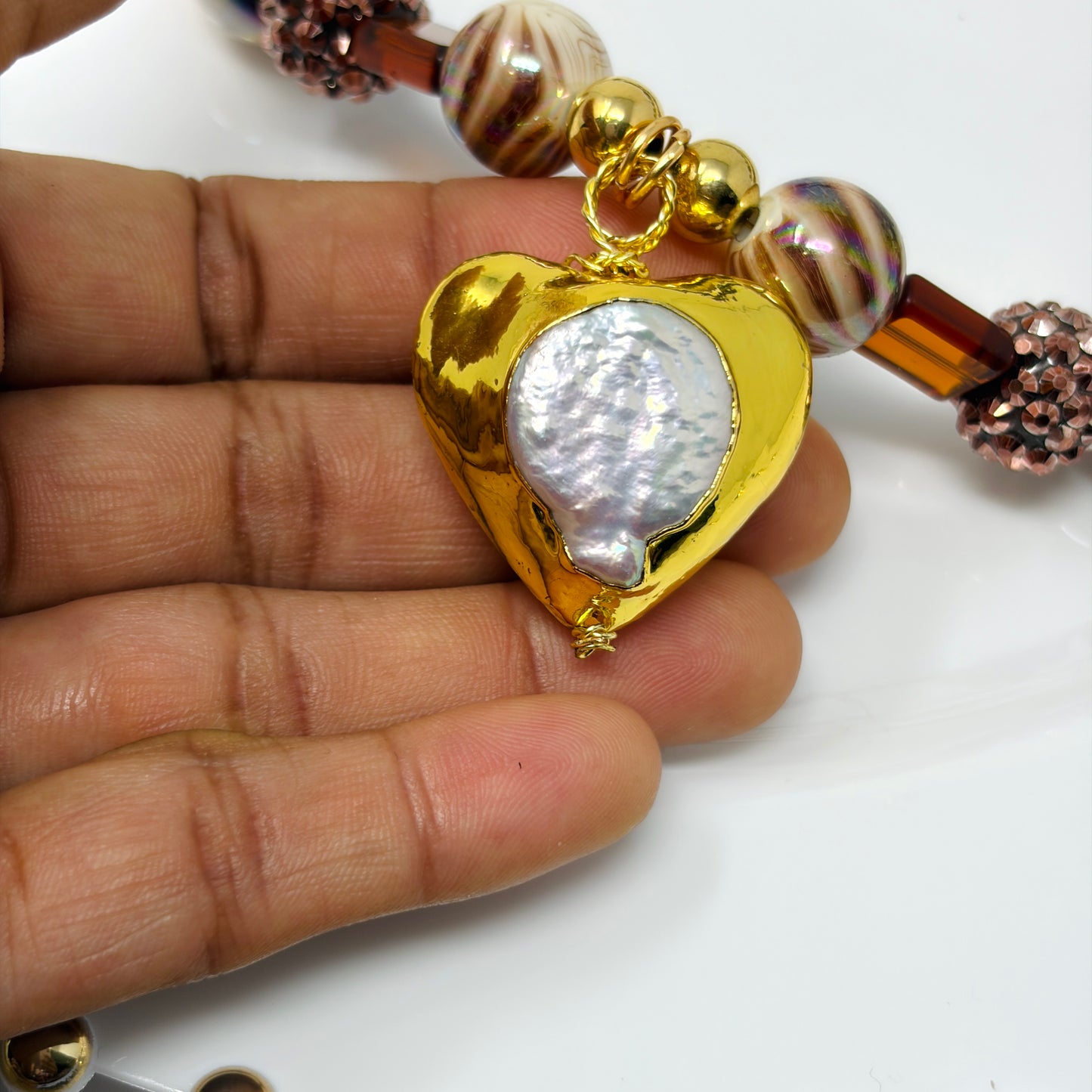 Handmade Beaded Necklace with Autumn- Colored Beads and a Heart Pendant Gold Plated – Adjustable Chunky Beads Jewelry