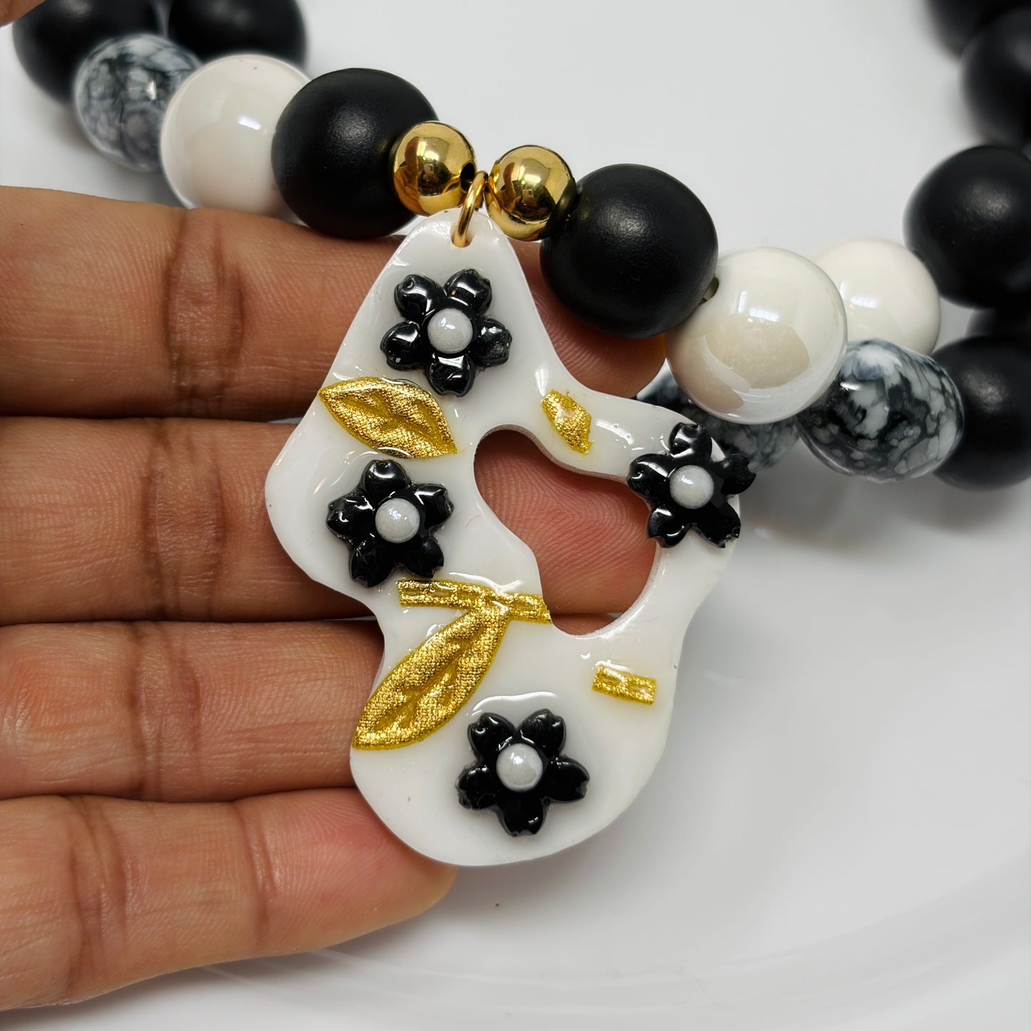 Handmade Layered Beaded Necklace with Resin Charms – Adjustable Two-Strand Chunky Beads Jewelry