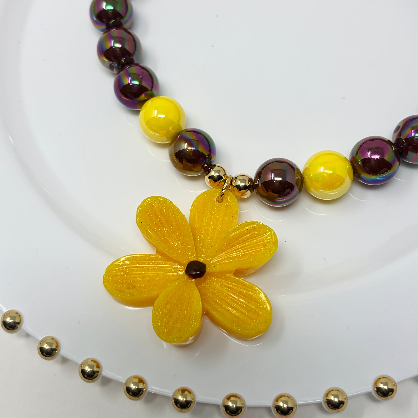 Yellow Flower Charm beaded necklace - Handmade Beaded Flower Necklace