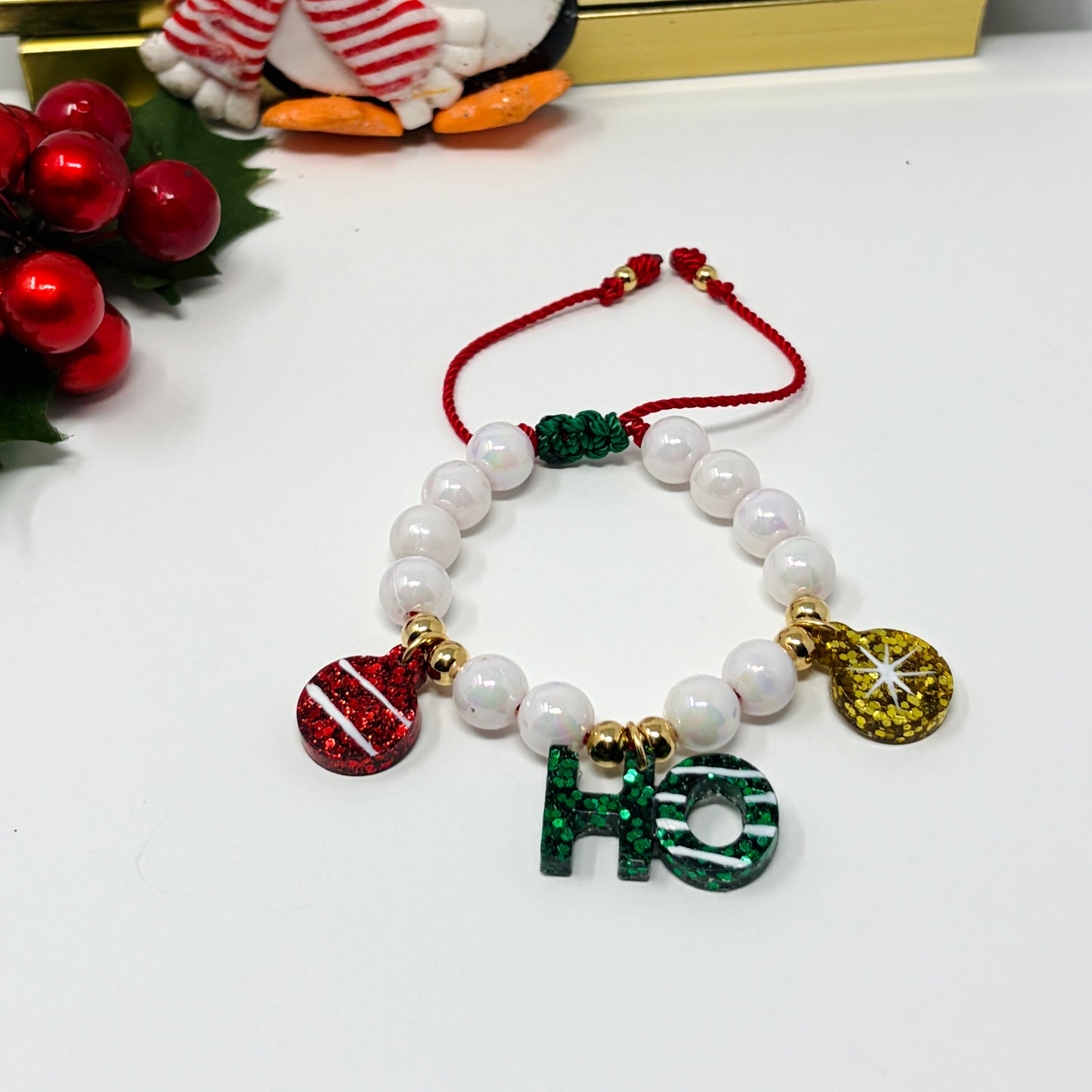 Christmas Matching Beaded Bracelet, Holiday Ho Ho Charm Bracelet