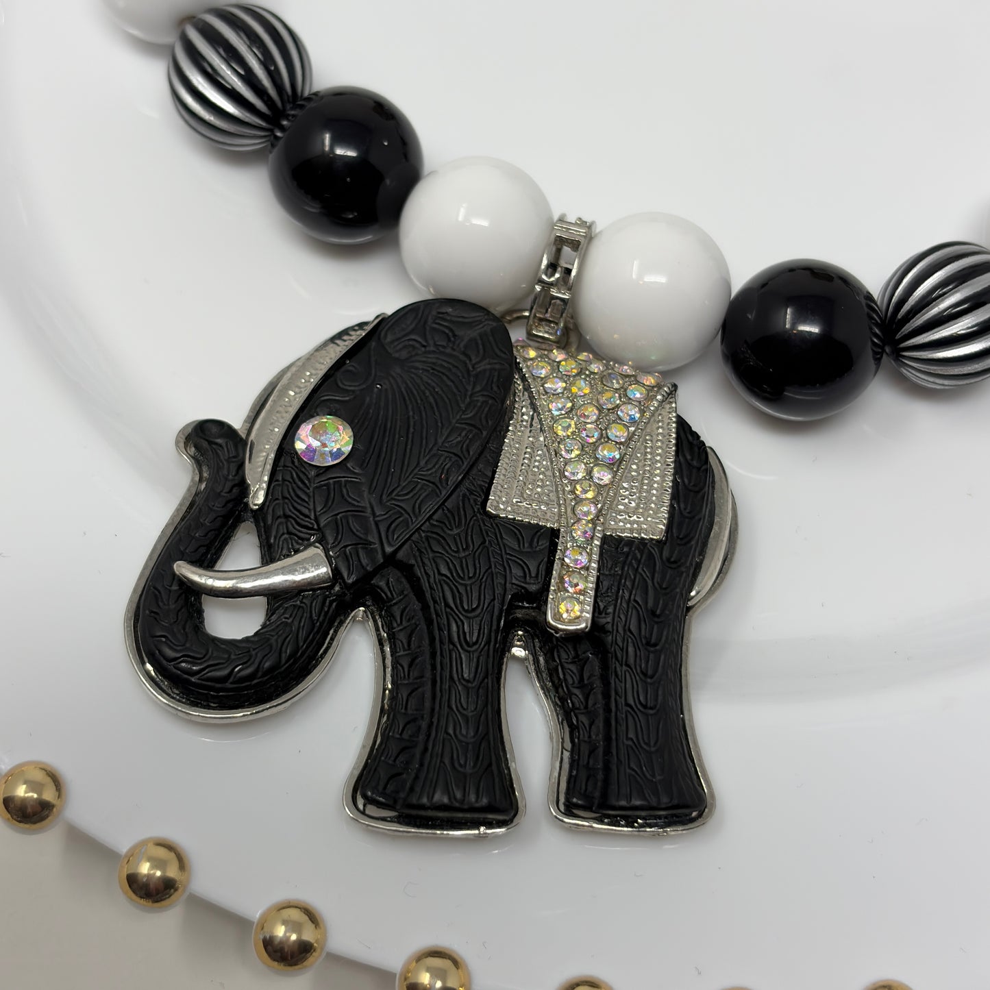 Handmade Beaded Necklace with Black Elephant Charm