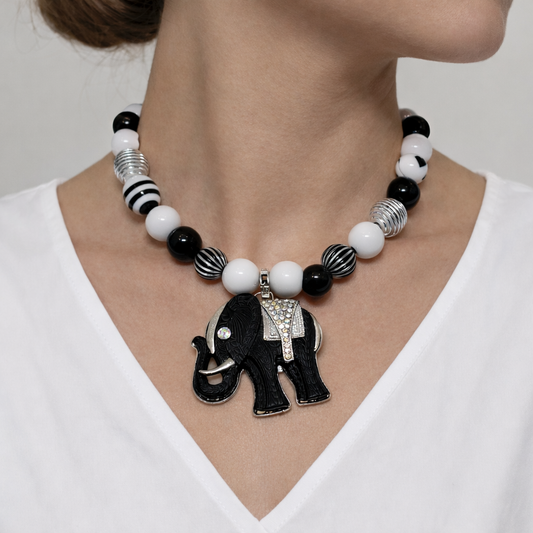 Handmade Beaded Necklace with Black Elephant Charm