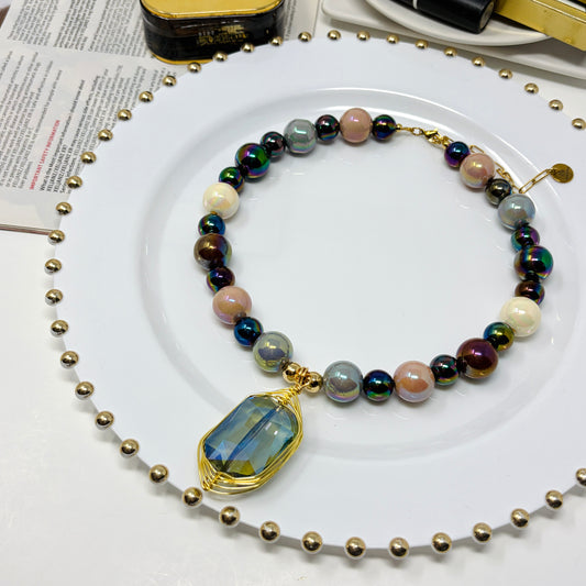 Mixed Color Beaded Statement Necklace with Crystal Pendant | Handmade Bold Jewelry