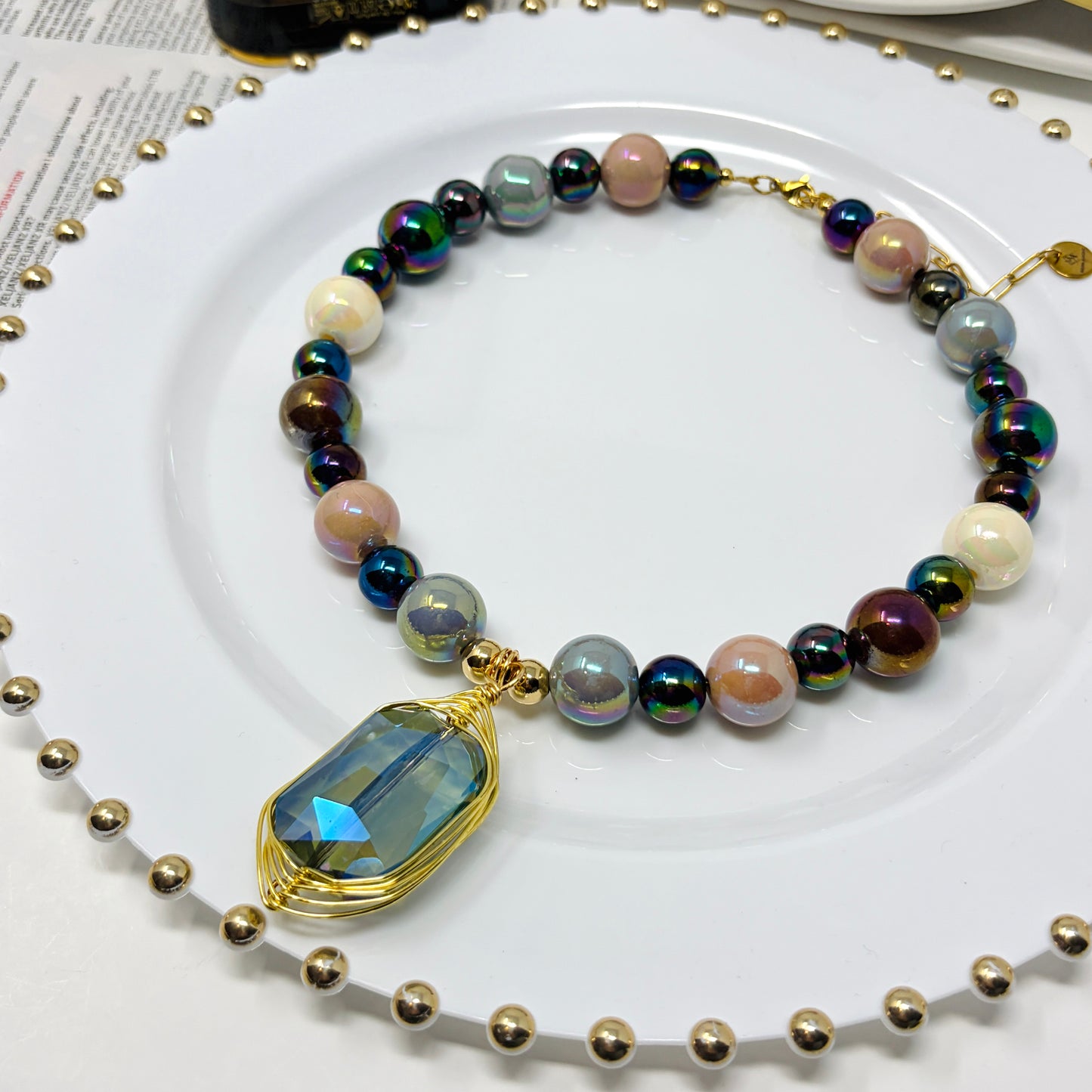 Mixed Color Beaded Statement Necklace with Crystal Pendant | Handmade Bold Jewelry