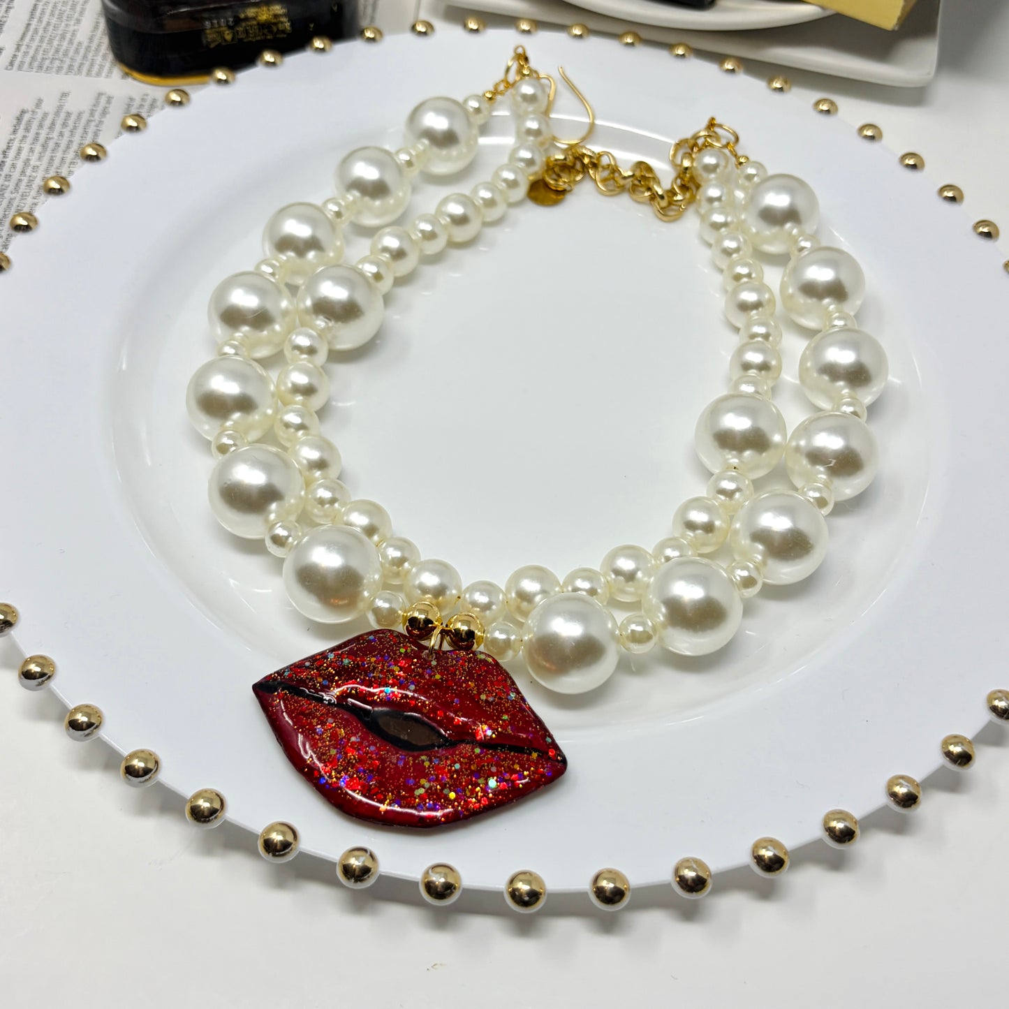 Handmade Adjustable Layered Pearl Necklace with Hand-Painted Red Lips Pendant | Statement Jewelry