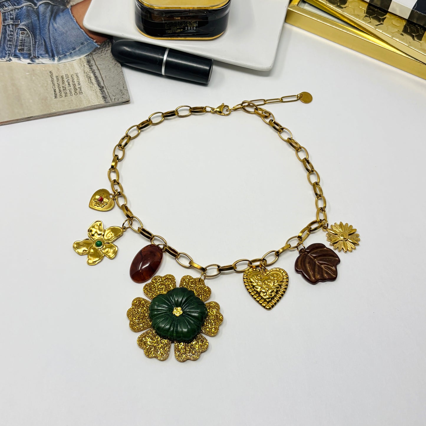 Handmade Charm Necklace Gold – Adjustable Stainless Steel Chain, Statement Floral Pendant, Vintage-Inspired Jewelry