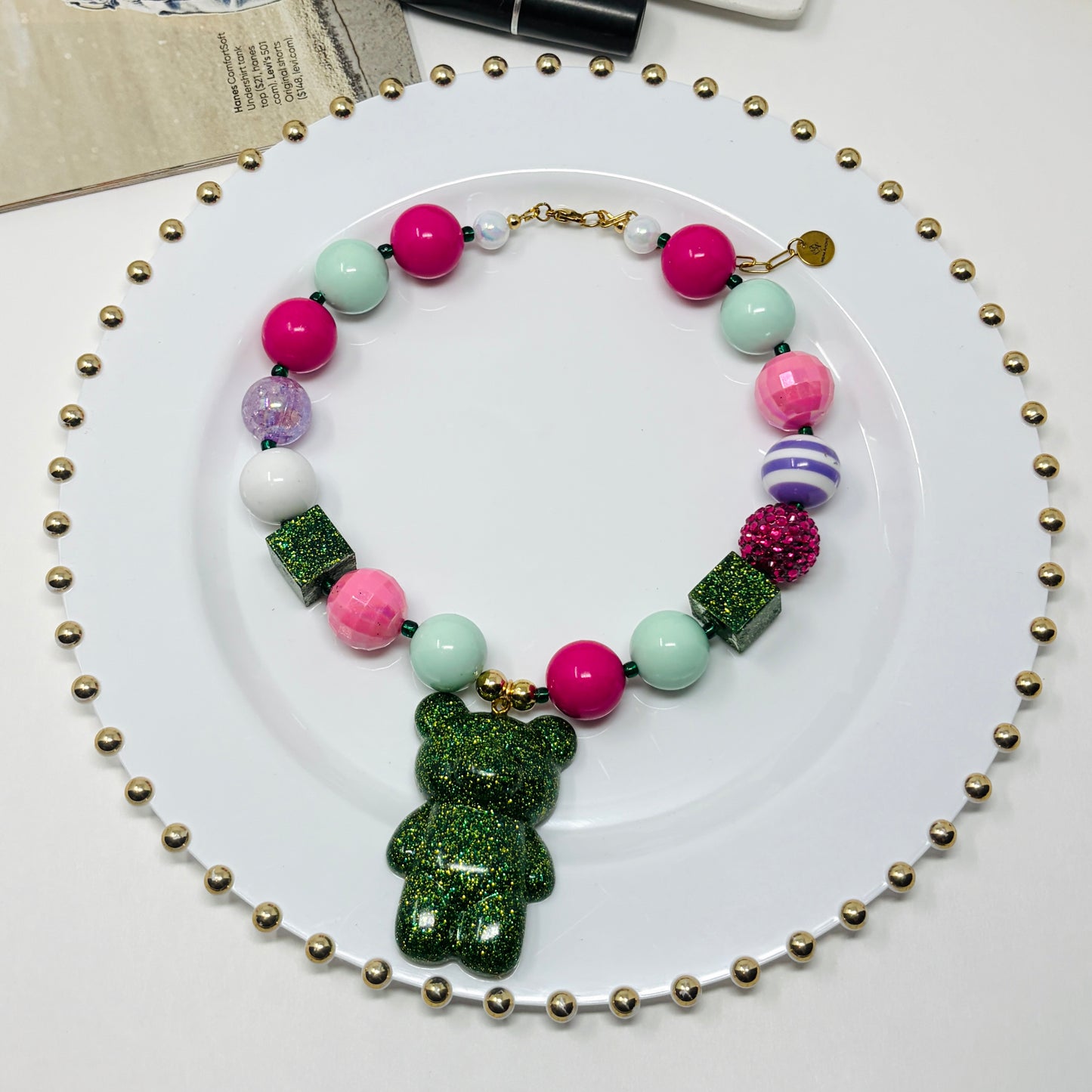 Chunky Beaded Bear Pendant Necklace – Colorful Acrylic Statement Necklace with Resin Teddy Charm, Adjustable Chain