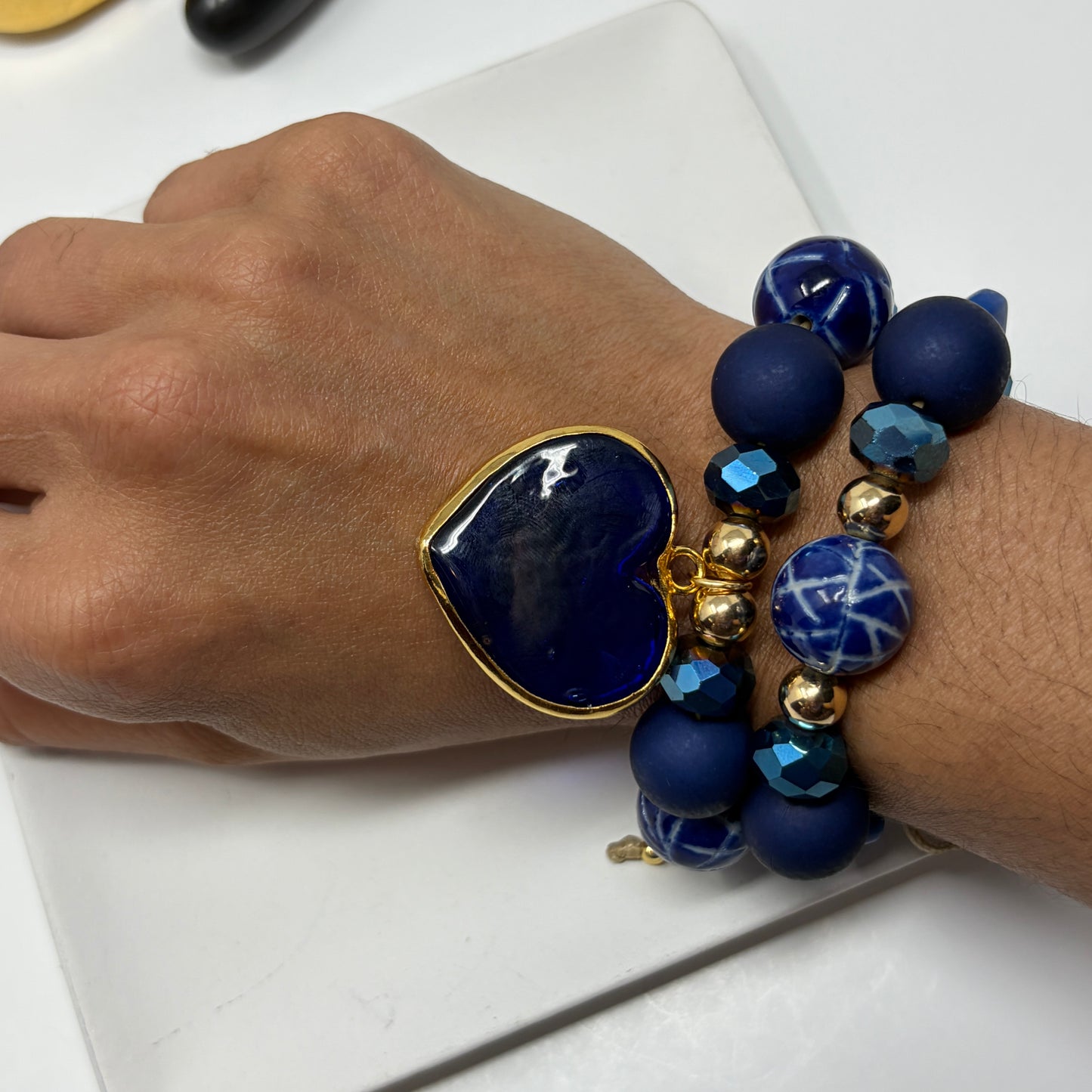 Handmade Ceramic Beads and Crystal Murano Heart Charm Adjustable Bracelet