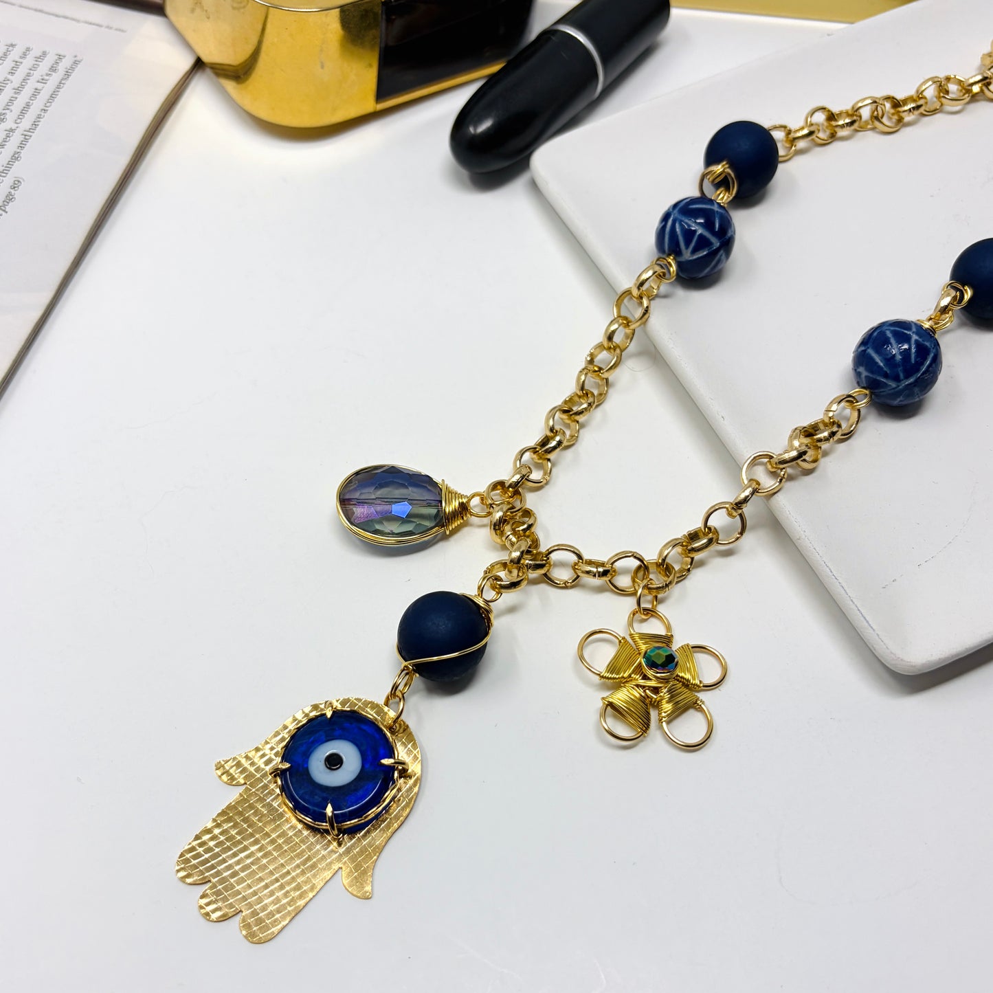 Gold Plated hamsa hand evil eye Pendant Necklace