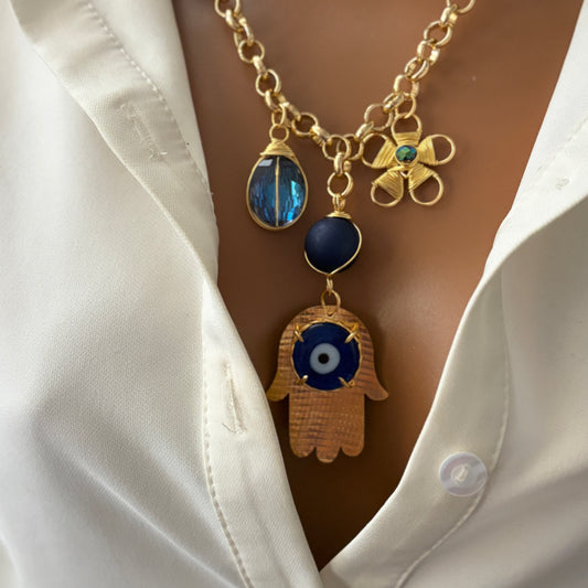 Gold Plated hamsa hand evil eye Pendant Necklace