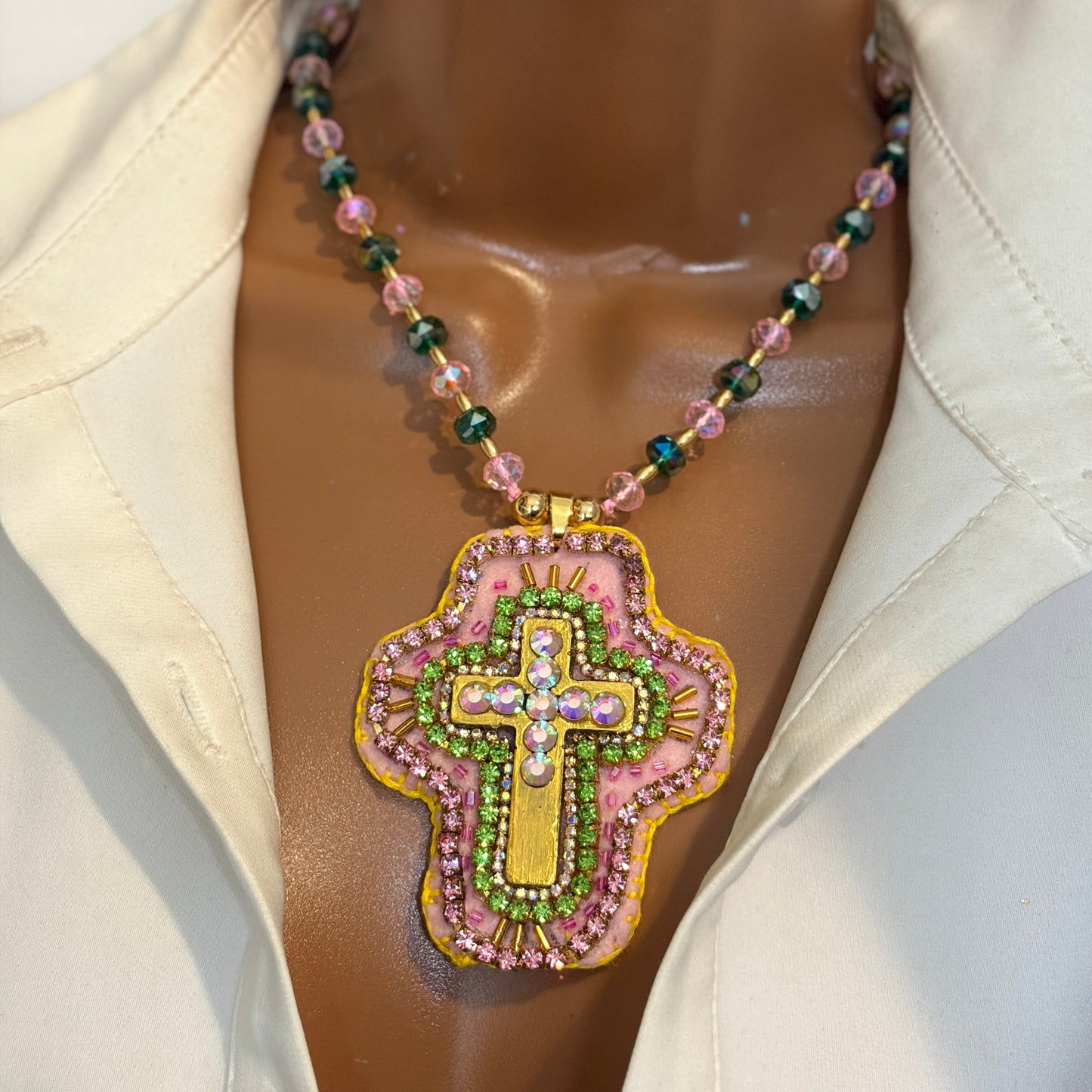 Hand- embroidered Cross Necklace, Crystal Cross Pendant, Christian Jewelry,