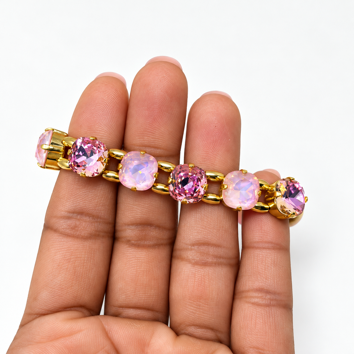 Pink Jade Bead Bracelet with Swarovski Crystals