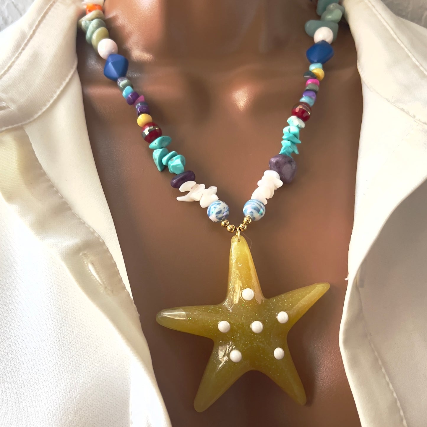 Chunky Starfish Pendant Necklace, Chunky Charm Necklace, Gemstone Beaded Necklace, Resin Starfish Pendant Necklace, Turquoise Neclace, Opal Necklace