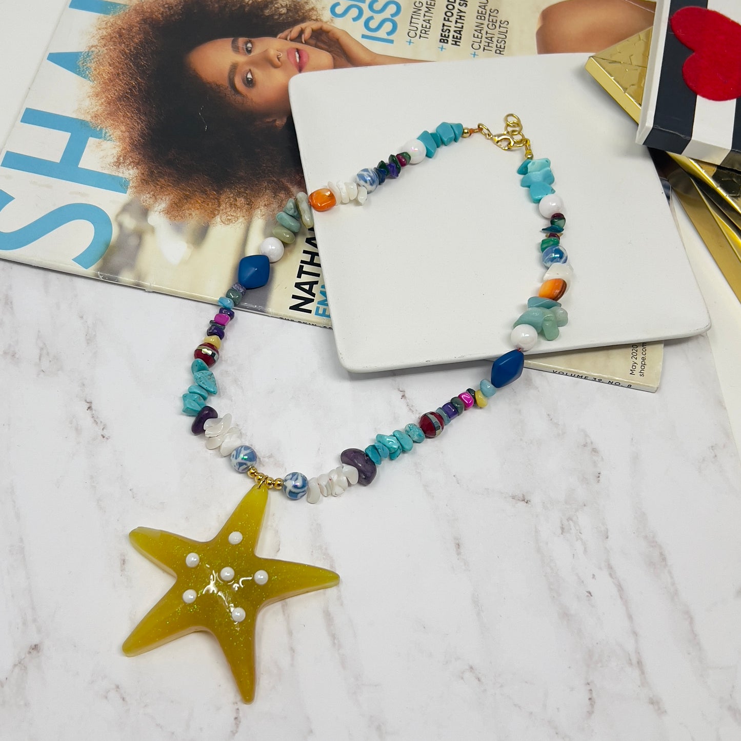 Chunky Starfish Pendant Necklace, Chunky Charm Necklace, Gemstone Beaded Necklace, Resin Starfish Pendant Necklace, Turquoise Neclace, Opal Necklace