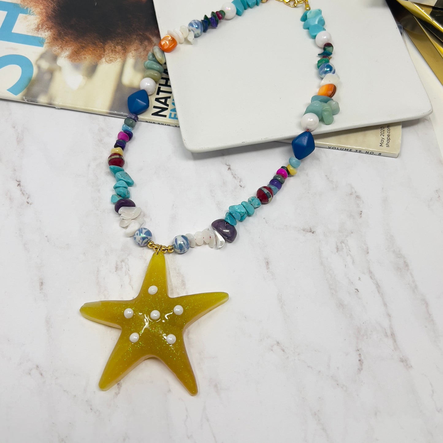 Chunky Starfish Pendant Necklace, Chunky Charm Necklace, Gemstone Beaded Necklace, Resin Starfish Pendant Necklace, Turquoise Neclace, Opal Necklace