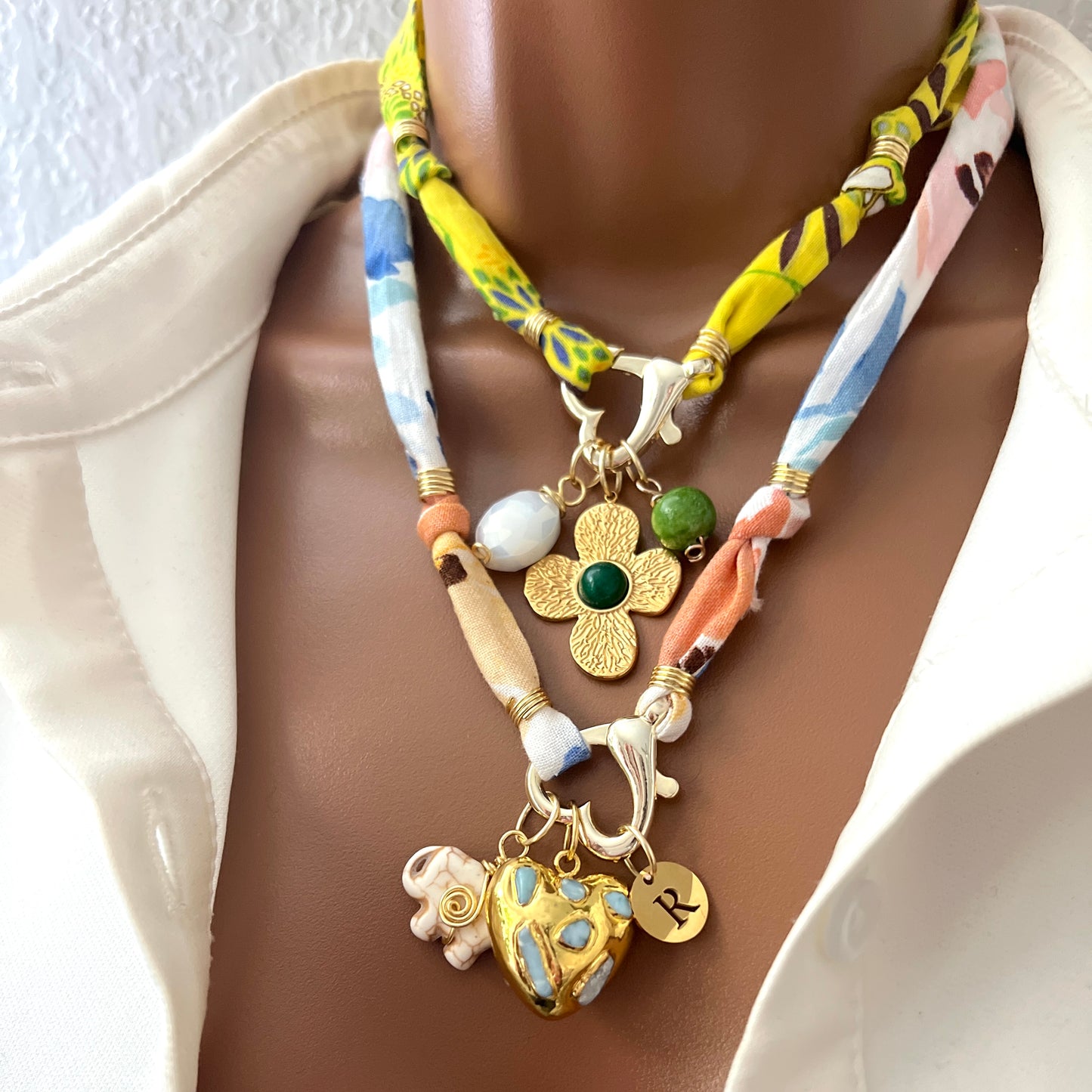 Bandana Charm Necklace, Custom Carabiner Bandana Pendant Necklace, Boho Scarf Necklace, Vintage Charm Necklace, Fabric Pendant Necklace Gift