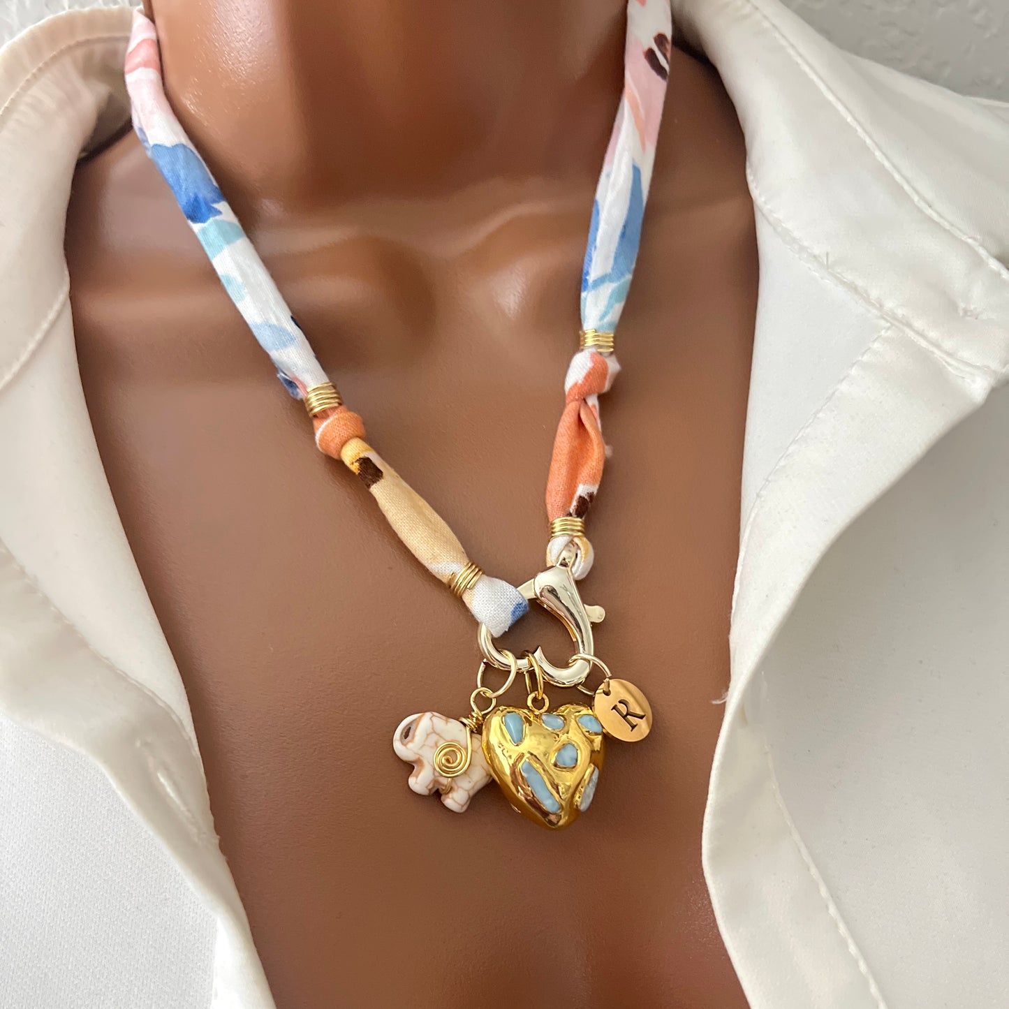 Bandana Charm Necklace, Custom Carabiner Bandana Pendant Necklace, Boho Scarf Necklace, Vintage Charm Necklace, Fabric Pendant Necklace Gift