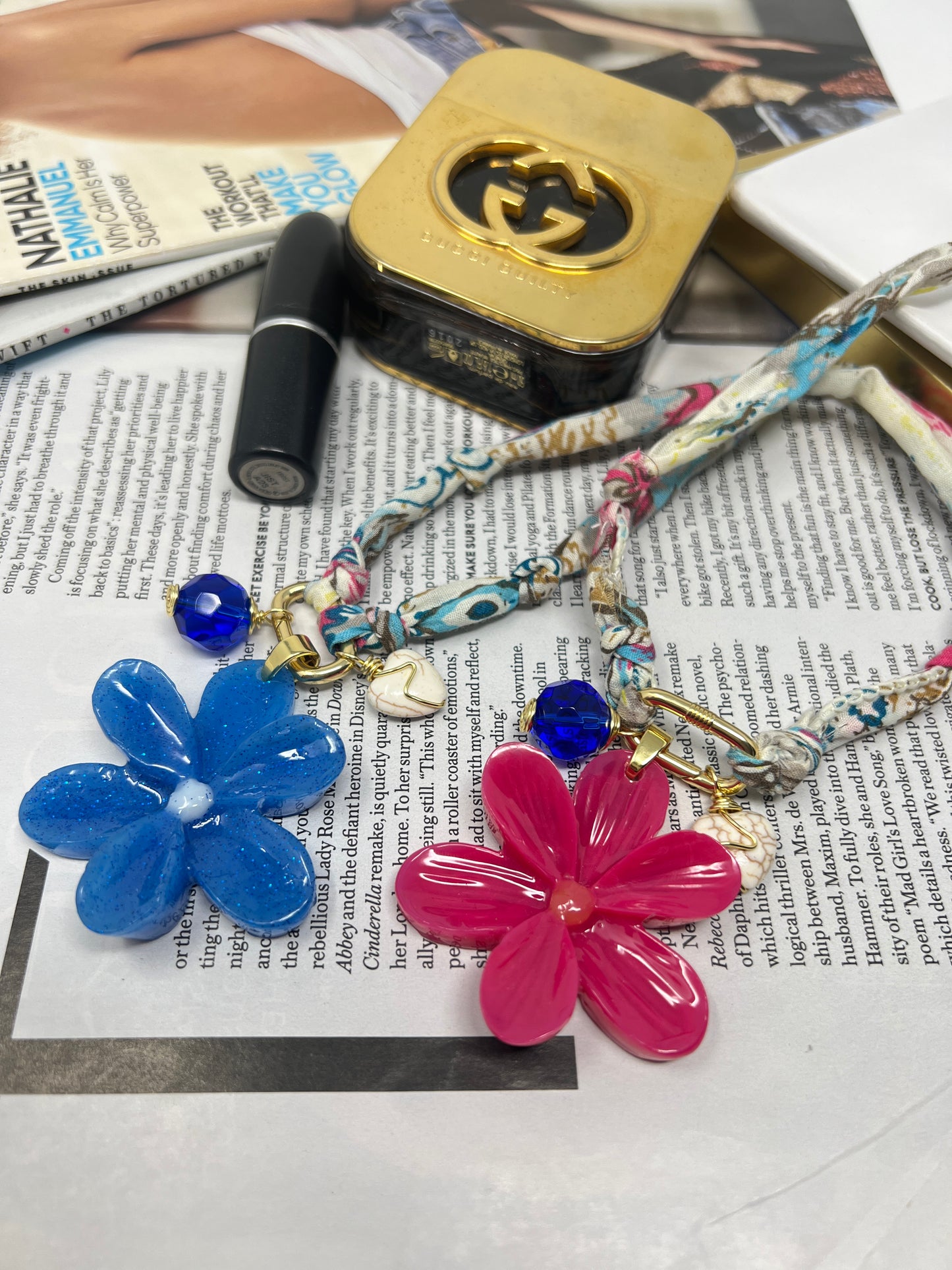 Bandana Flower Charm Necklace, Custom Carabiner Bandana Pendant Necklace, Boho Scarf Necklace, Vintage Charm Necklace, Fabric Pendant Necklace Gift