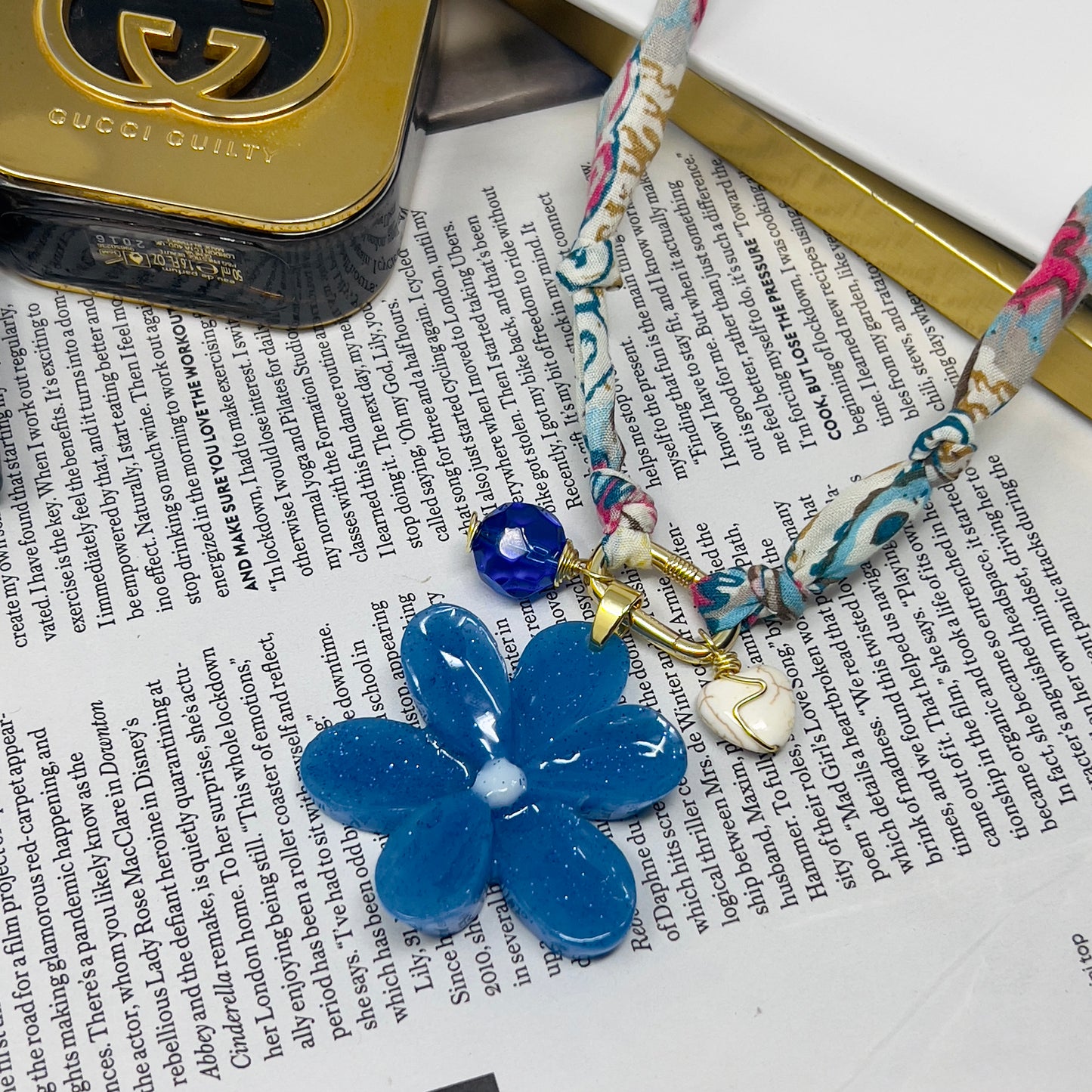 Bandana Flower Charm Necklace, Custom Carabiner Bandana Pendant Necklace, Boho Scarf Necklace, Vintage Charm Necklace, Fabric Pendant Necklace Gift