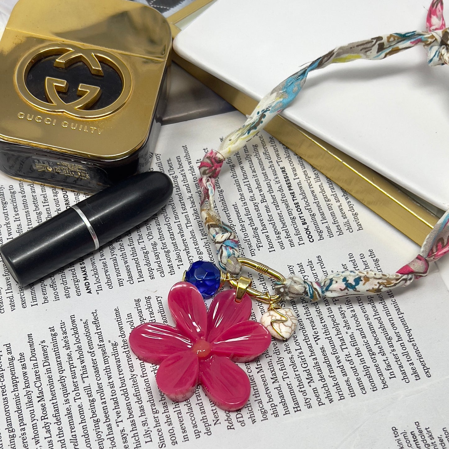 Bandana Flower Charm Necklace, Custom Carabiner Bandana Pendant Necklace, Boho Scarf Necklace, Vintage Charm Necklace, Fabric Pendant Necklace Gift